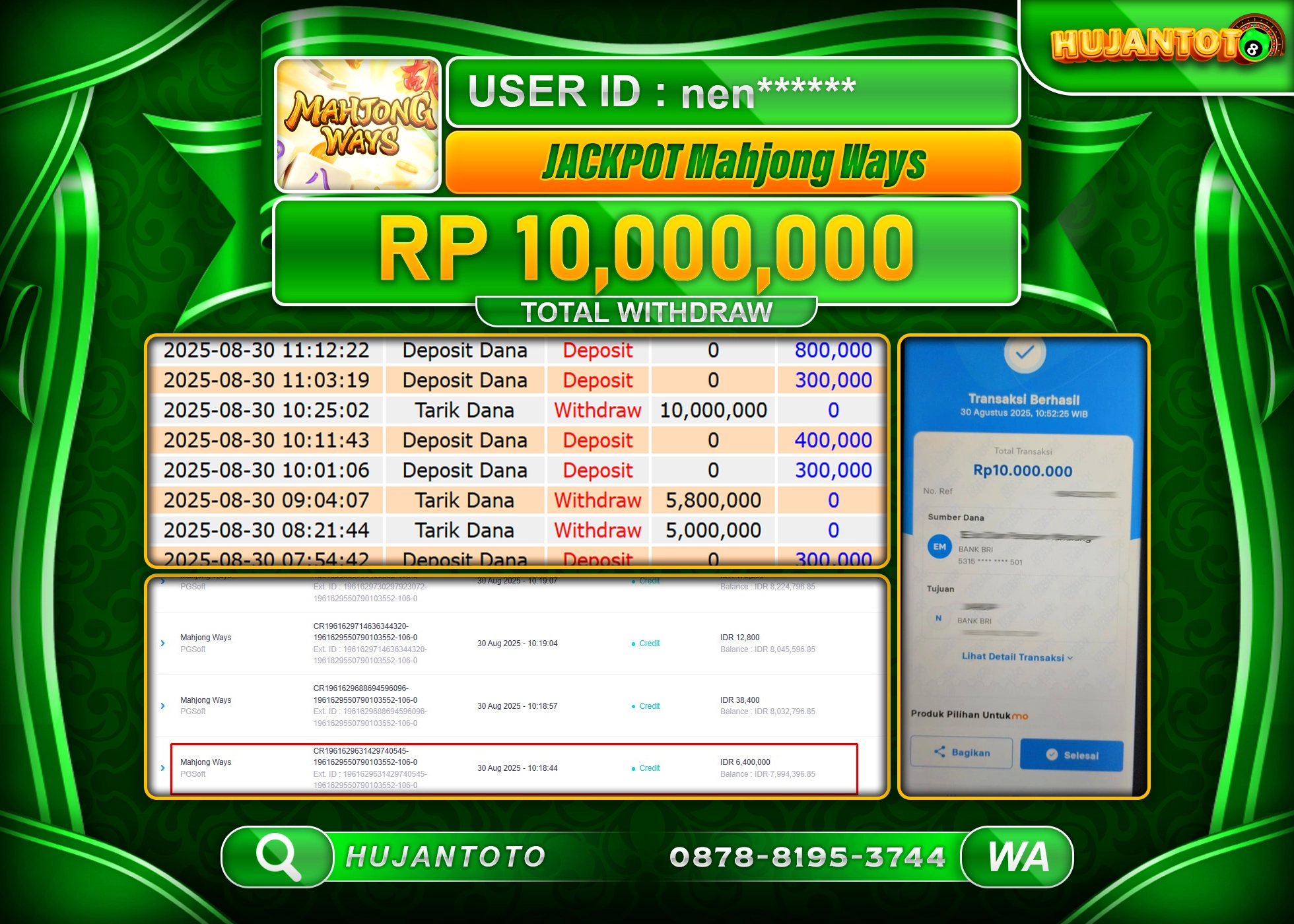 HUJANTOTO - BUKTI JACKPOT MENANG SLOT MAHJONG WAYS  Rp.10,000,000 - TERBAYAR LUNAS