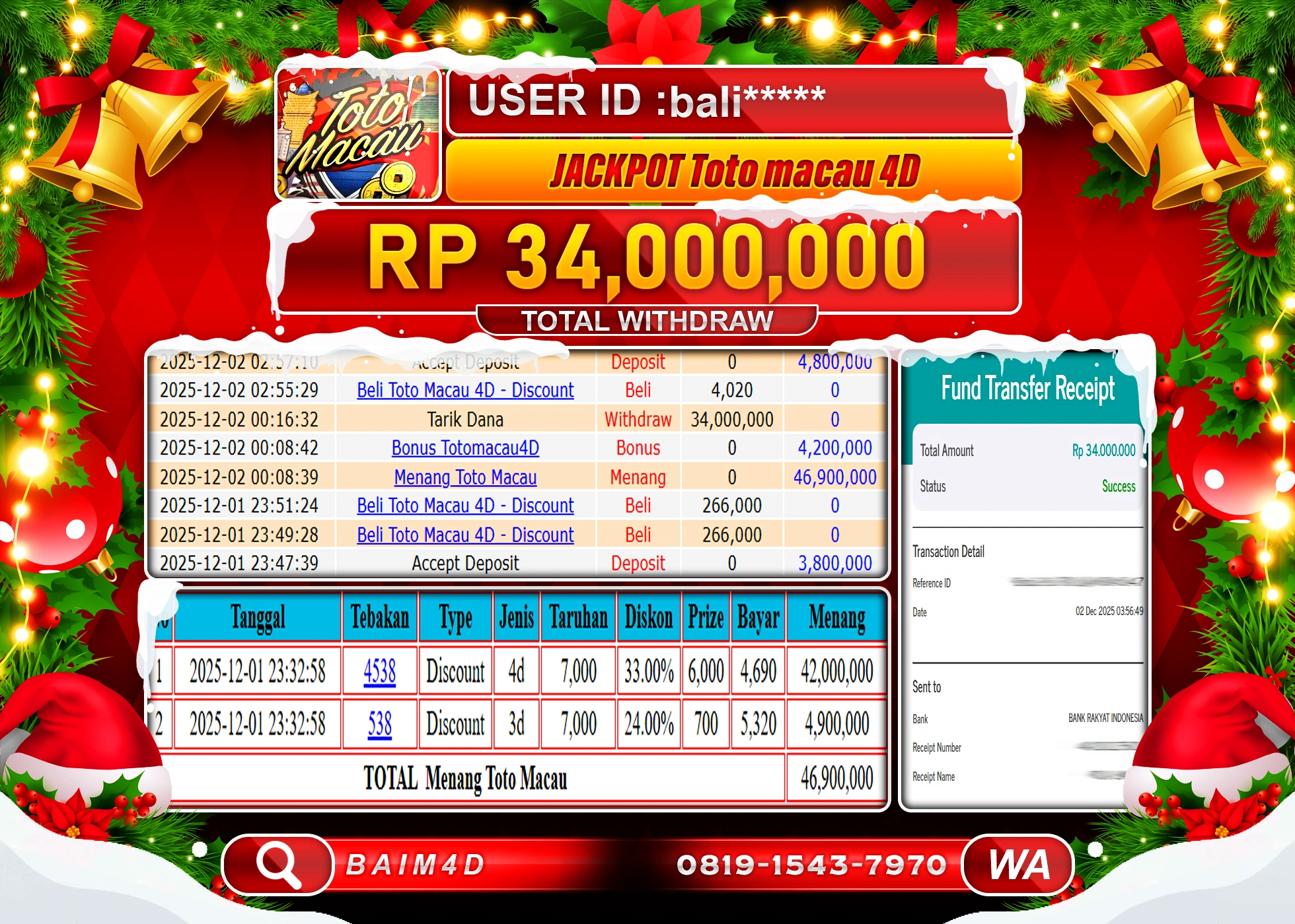 BAIM4D JACKPOT TOGEL TOTO MACAU 4D Rp.34,000,000 - LUNAS