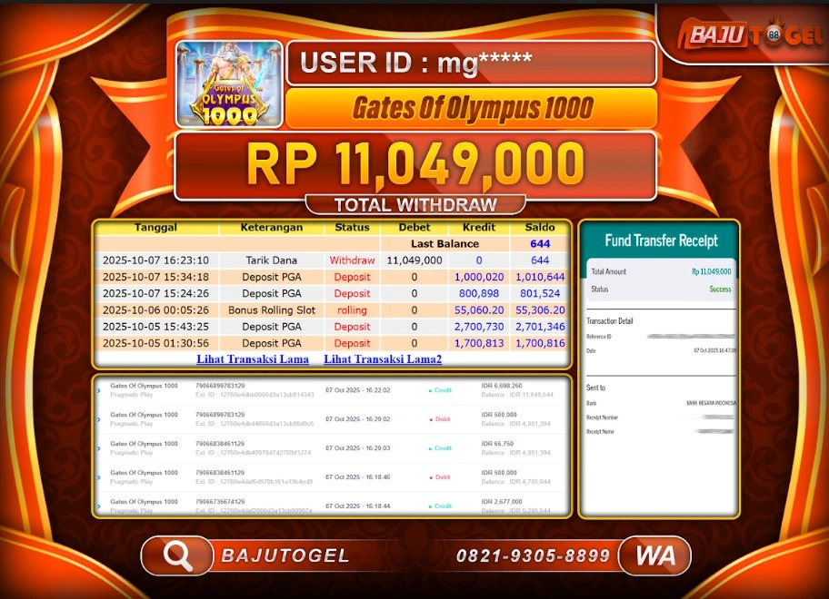 BAJUTOGEL KEMENANGAN GATES OF OLYMPUS 1000 Rp.11,049,000 LUNAS