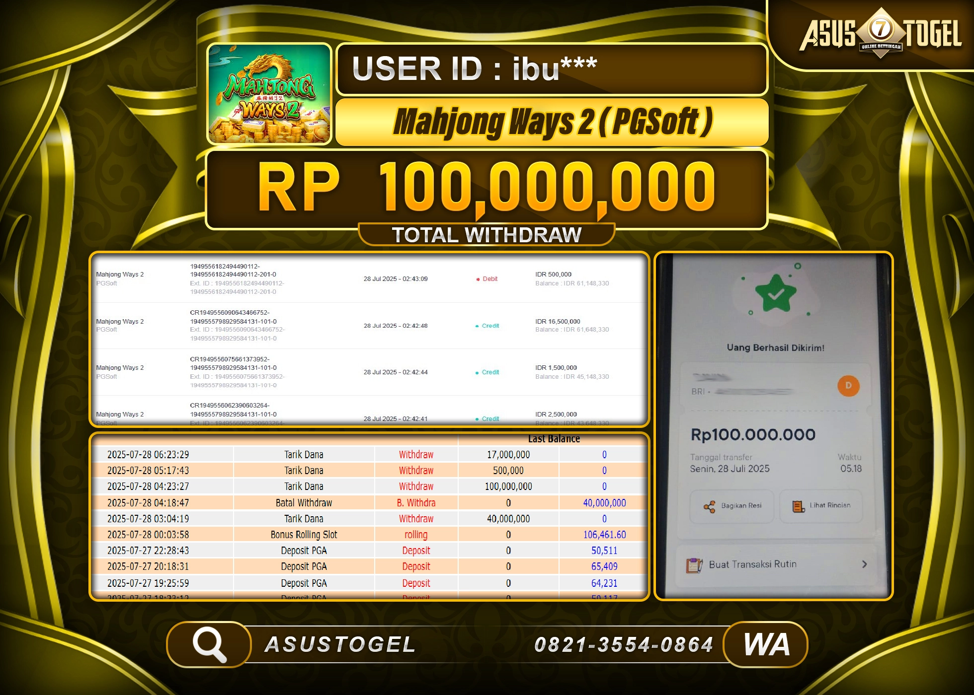 ASUSTOGEL KEMENANGAN DI SLOT MAHJONG WAYS 2 SEBESAR 100,000,000- RUPIAH LUNAS