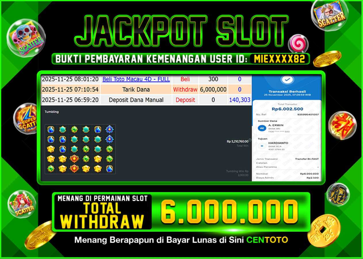 BUKTI JACKPOT SLOT CENTOTO  RP.6.000.000,-LUNAS