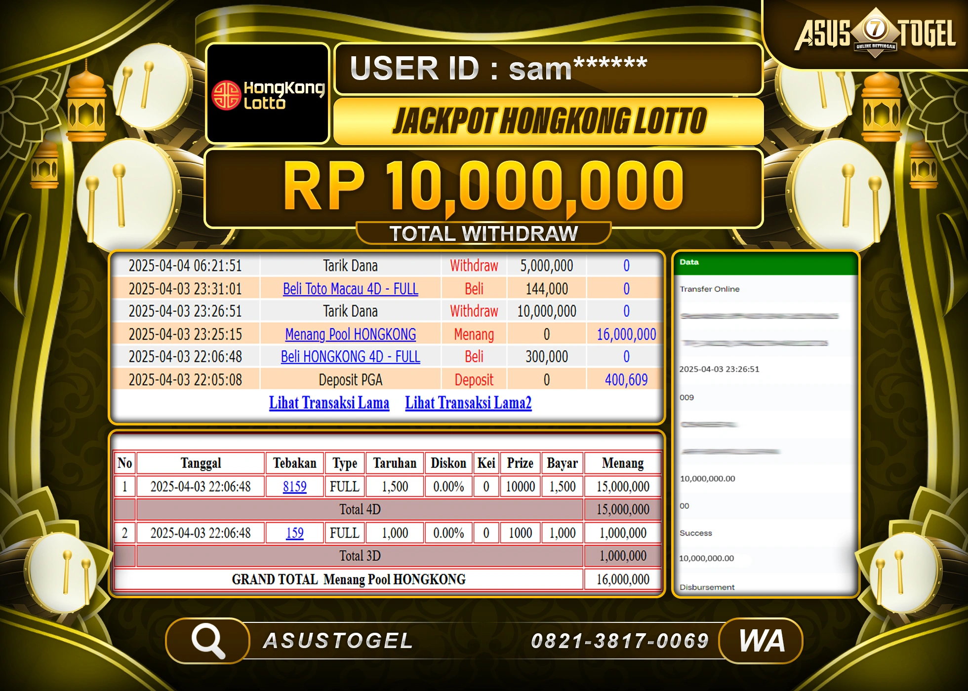 ASUSTOGEL KEMENANGAN DI TOGEL HONGKONG LOTTO SEBESAR 10,000,000- RUPIAH LUNAS