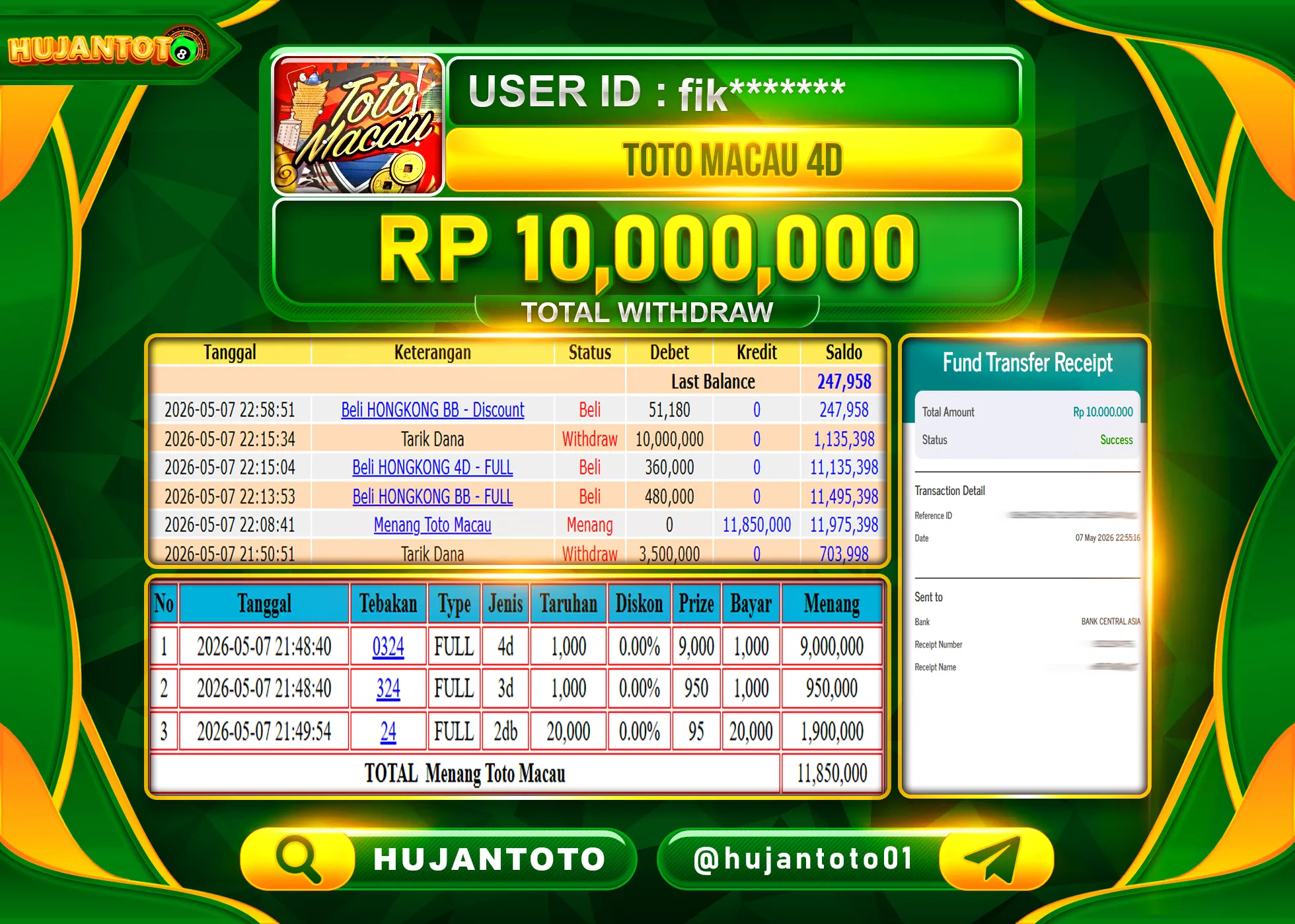 HUJANTOTO - BUKTI JACKPOT MENANG TOGEL TOTO MACAU 4D  Rp.10,000,000 - TERBAYAR LUNAS