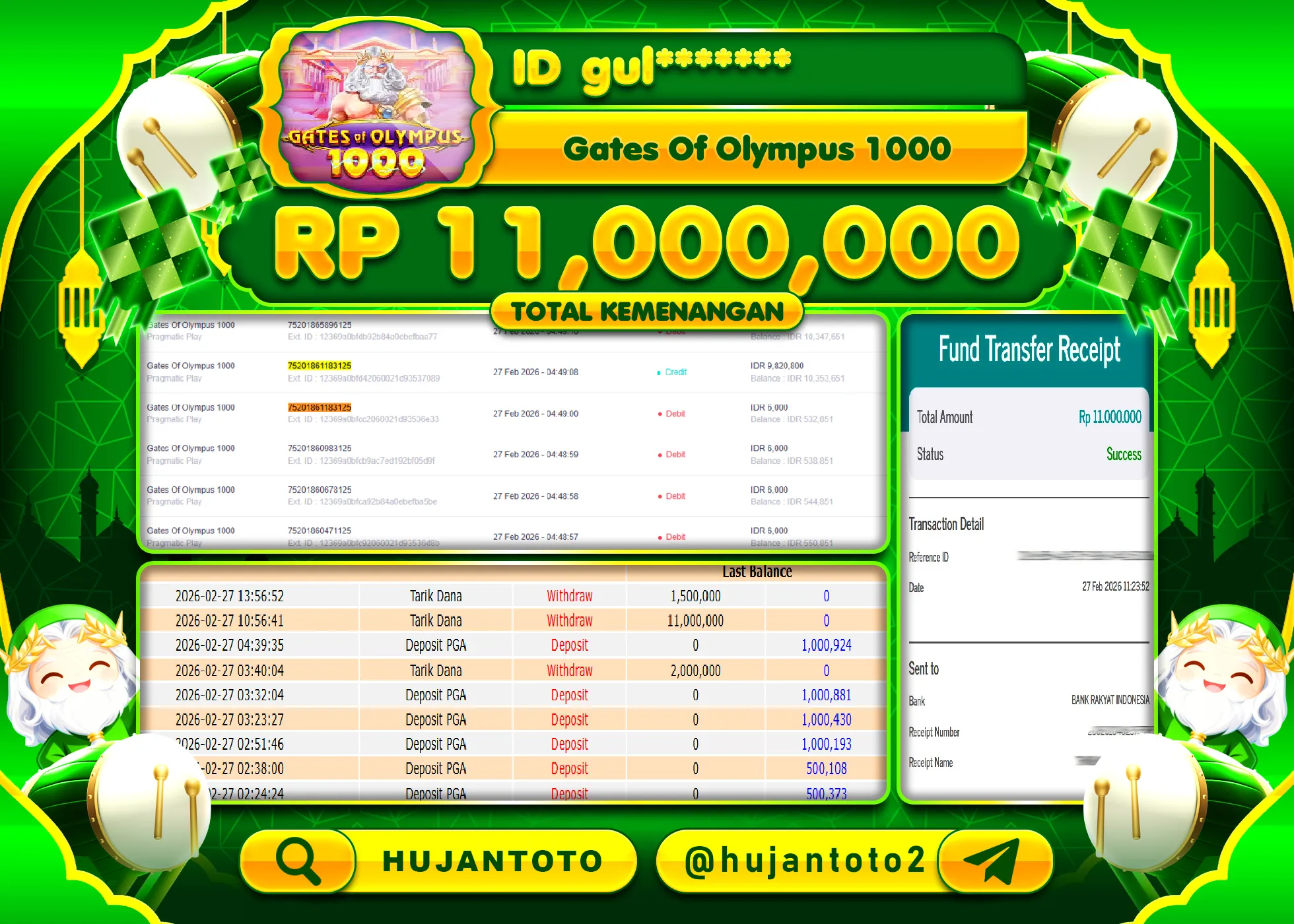 HUJANTOTO - BUKTI JACKPOT MENANG SLOT GATES OF OLYMPUS 1000 Rp.11,000,000 - TERBAYAR LUNAS