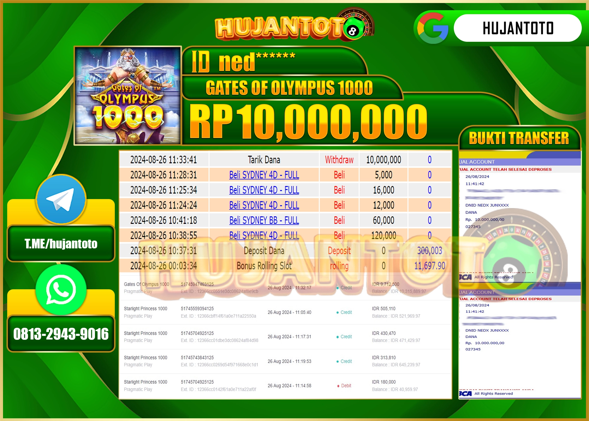HUJANTOTO MENANG BESAR DI PERMAINAN GATES OF OLYMPUS 1000, 10.000.000 - LUNAS 
