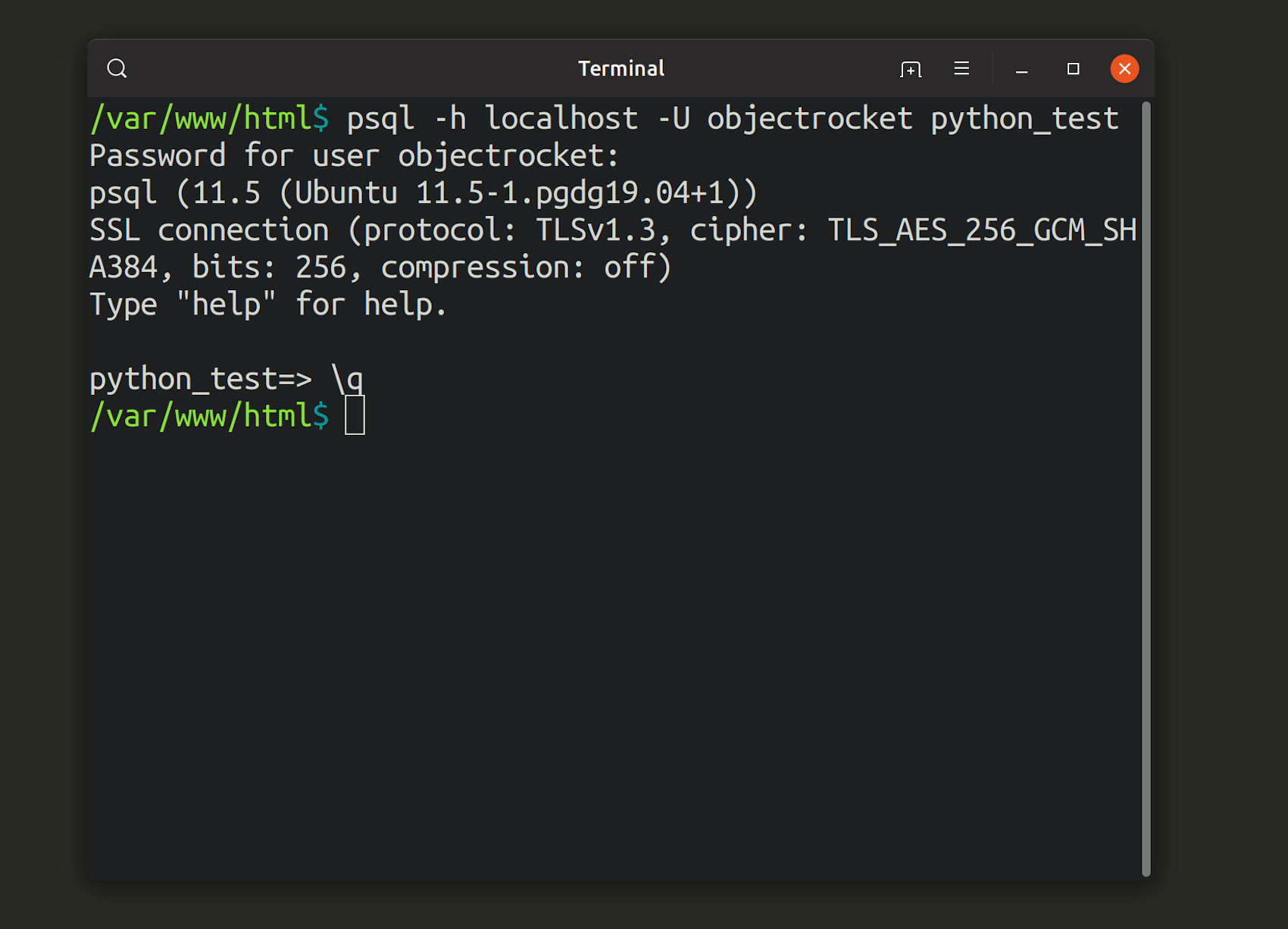 Screenshot of terminal connecting to a PostgreSQL database using the psql command