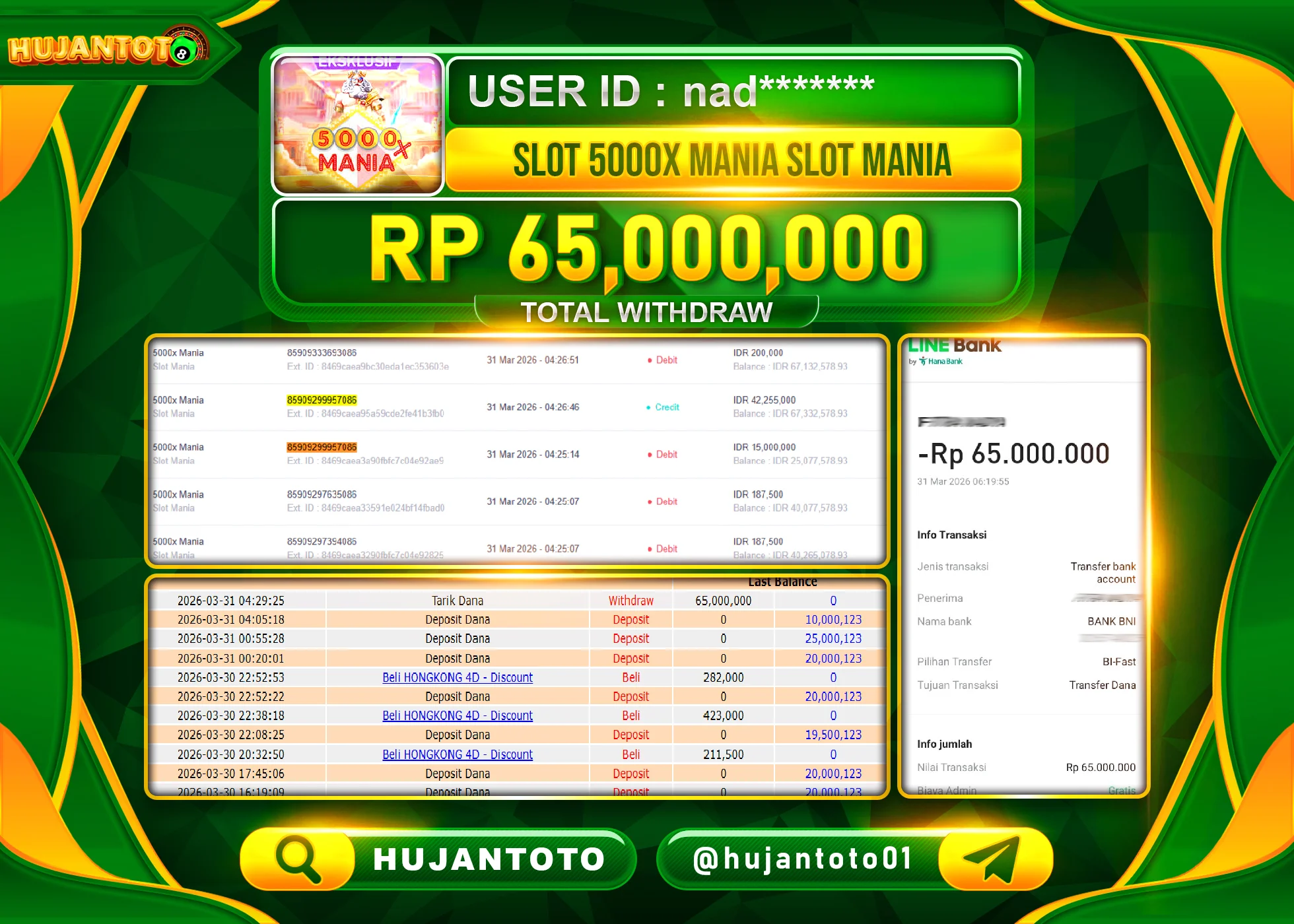 HUJANTOTO - BUKTI JACKPOT MENANG SLOT 5000 X MANIA SLOT MANIA Rp.65,000,000 - TERBAYAR LUNAS