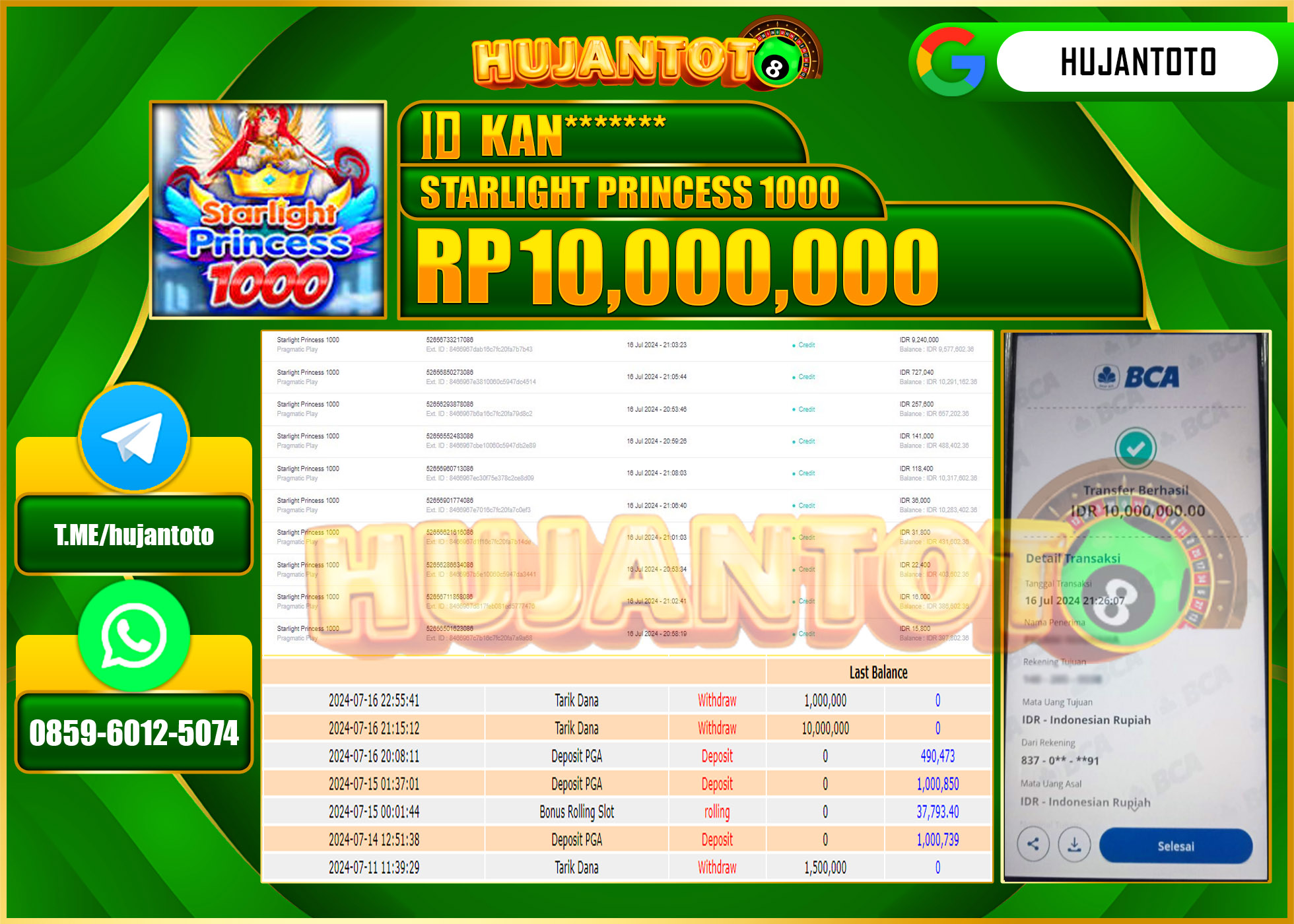 HUJANTOTO MENANG SLOT STARLIGHT PRINCESS 1000 10.000.000 -  LUNAS 
