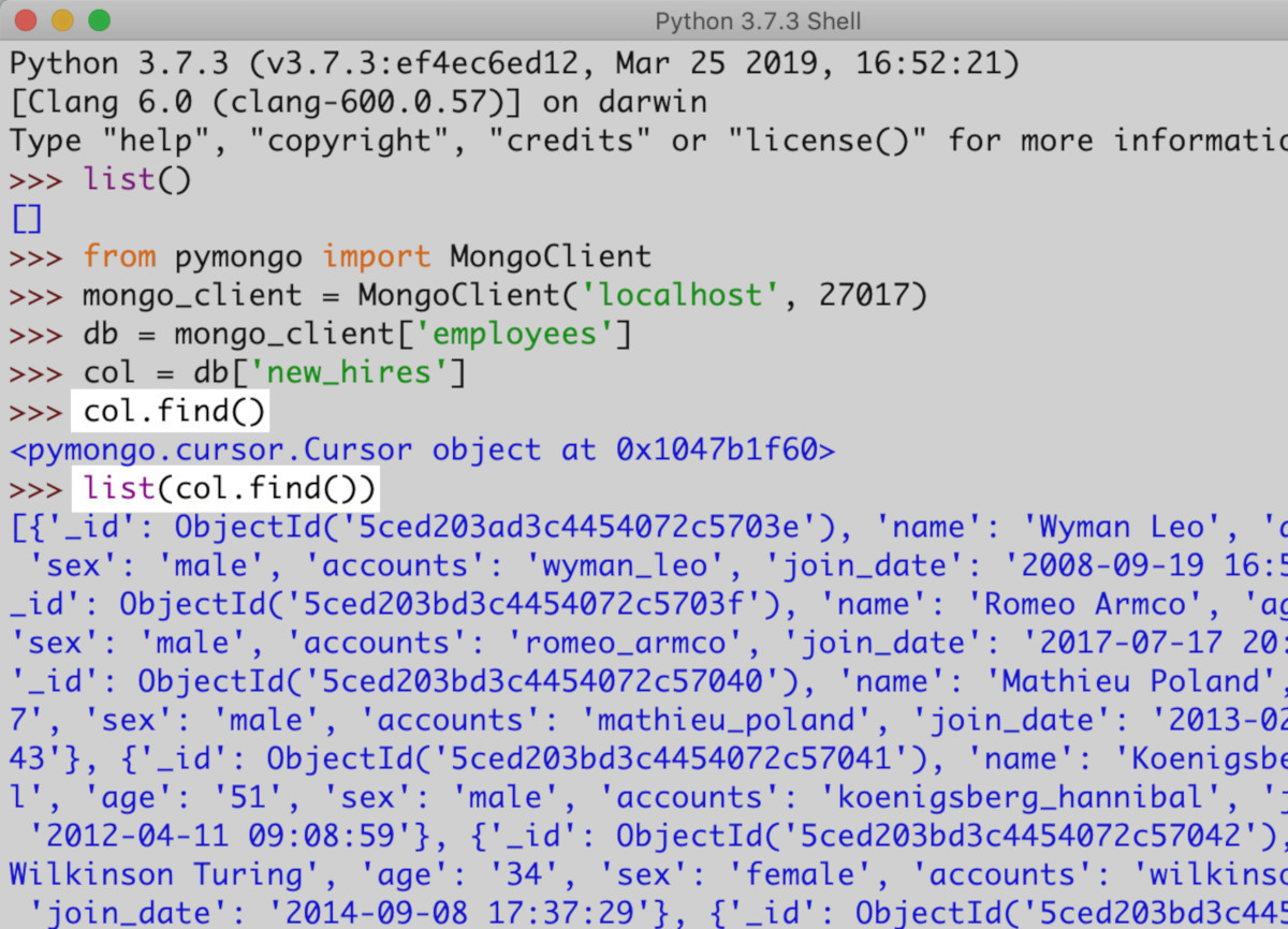 Screenshot of IDLE for Python using the list function to get all the documents in a MongoDB collection