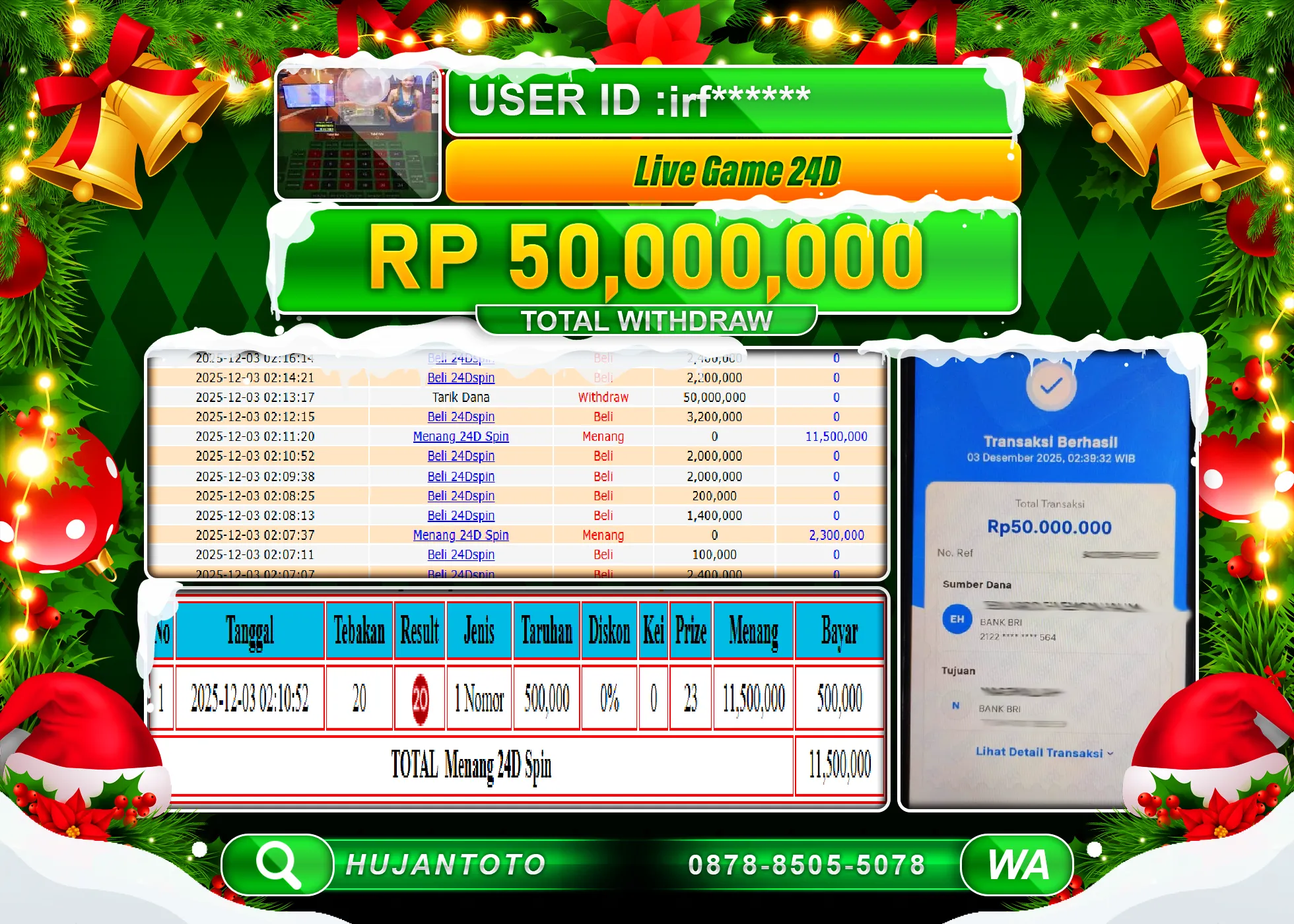 HUJANTOTO - BUKTI JACKPOT MENANG LIVEGAMES 24D Games Rp.50,000,000 - TERBAYAR LUNAS