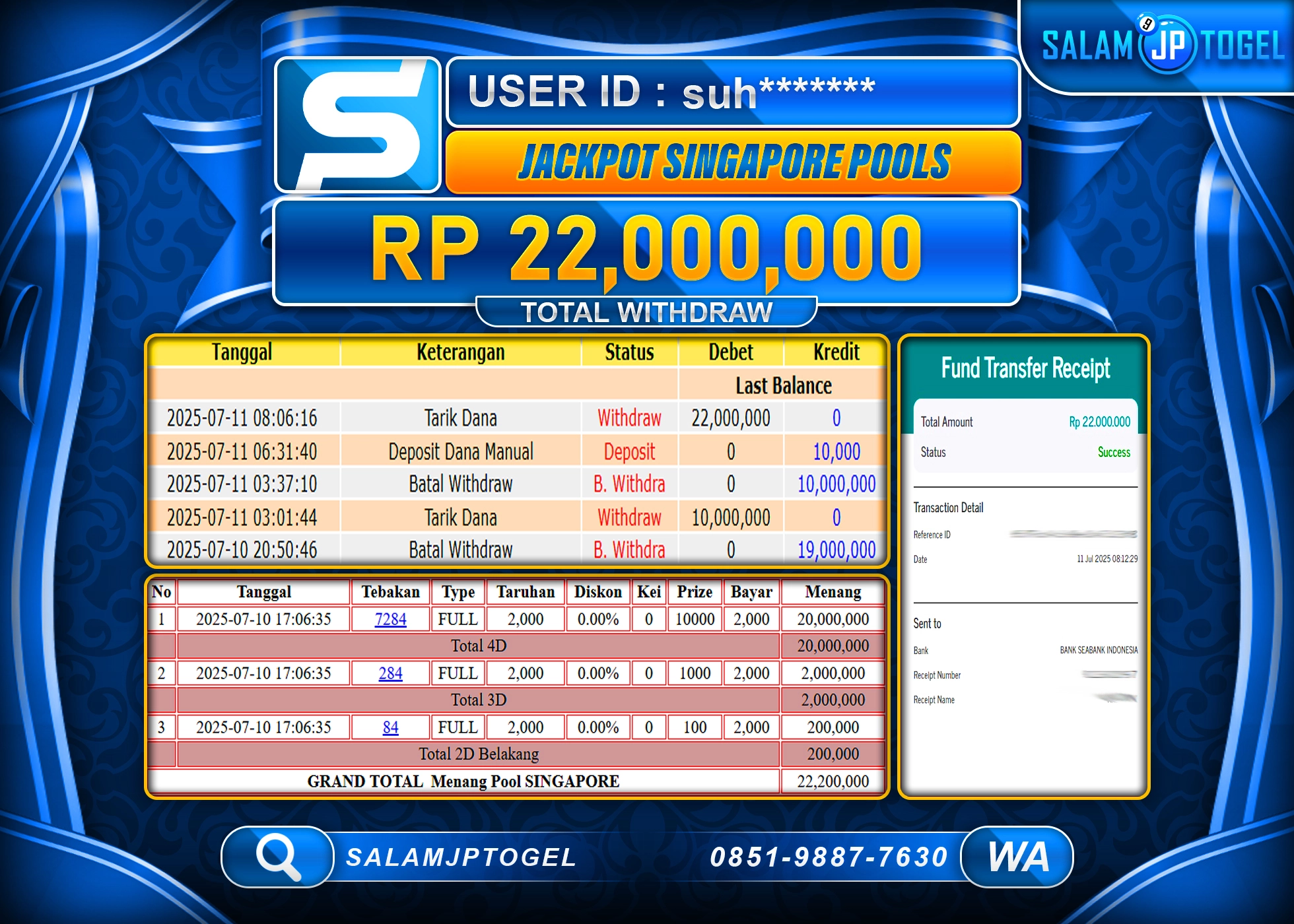 SALAMJPTOGEL MENANG SINGAPORE POOLS 2 Rp.22,000,000