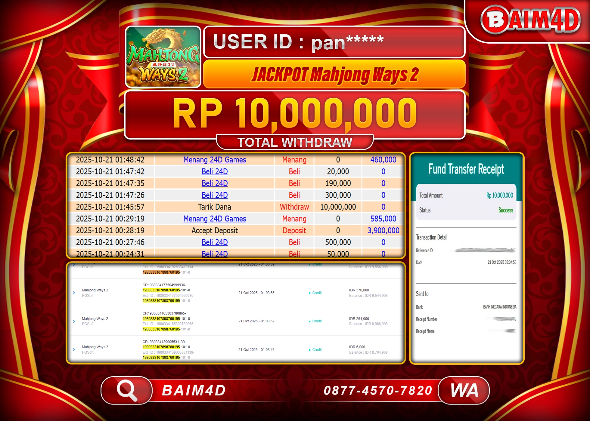 BAIM4D JACKPOT SLOT MAHJONG WAYS 2 PG SOFT Rp.10,000,000.- LUNAS