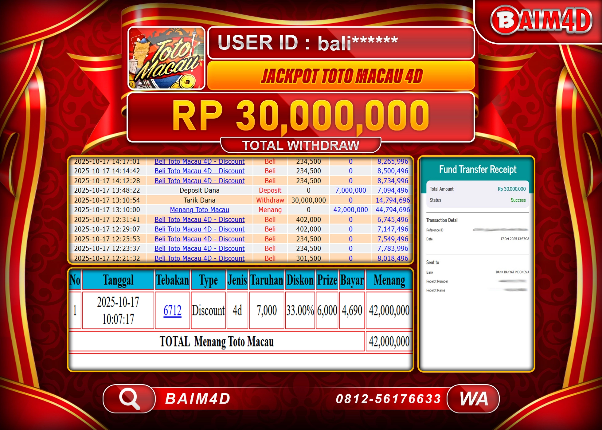 BAIM4D JACKPOT TOGEL TOTO MACAU 4D Rp.30,000,000.- LUNAS