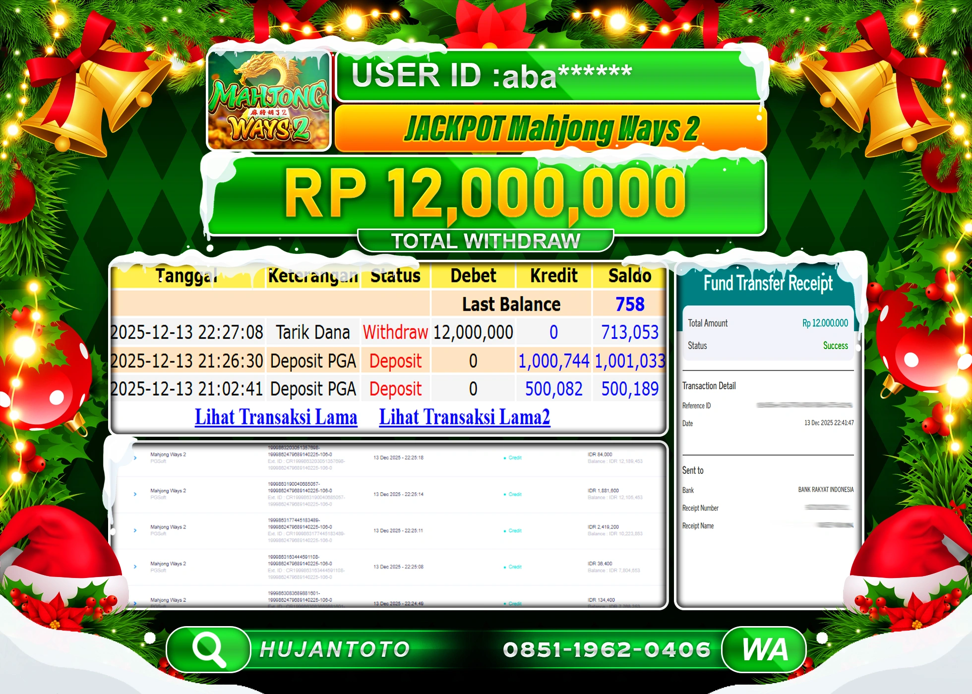 HUJANTOTO - BUKTI JACKPOT MENANG SLOT MAHJONG WAYS 2 Rp.12,000,000 - TERBAYAR LUNAS