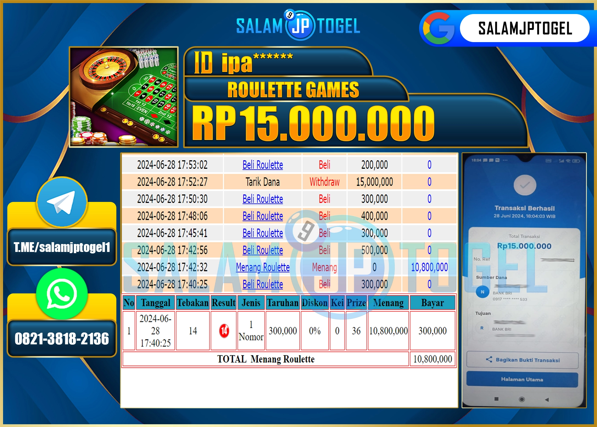 SALAMJPTOGEL MENANG ROULETTE GAMES RP. 15,000,000.,LUNAS