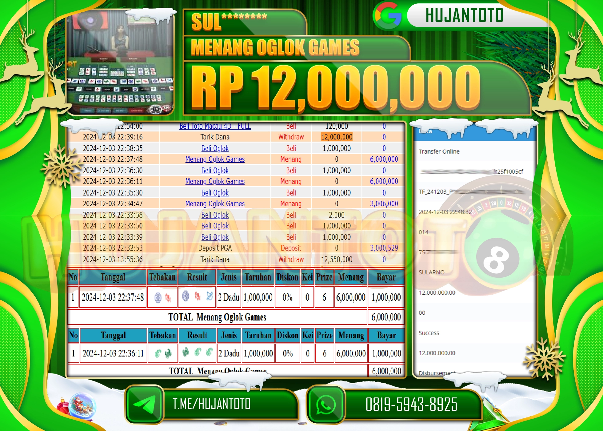 HUJANTOTO MENANG BESAR YANG  DI RAIH DI PERMAINAN LIVE GAME OGLOK GAMES  - 12,000,000 - LUNAS 