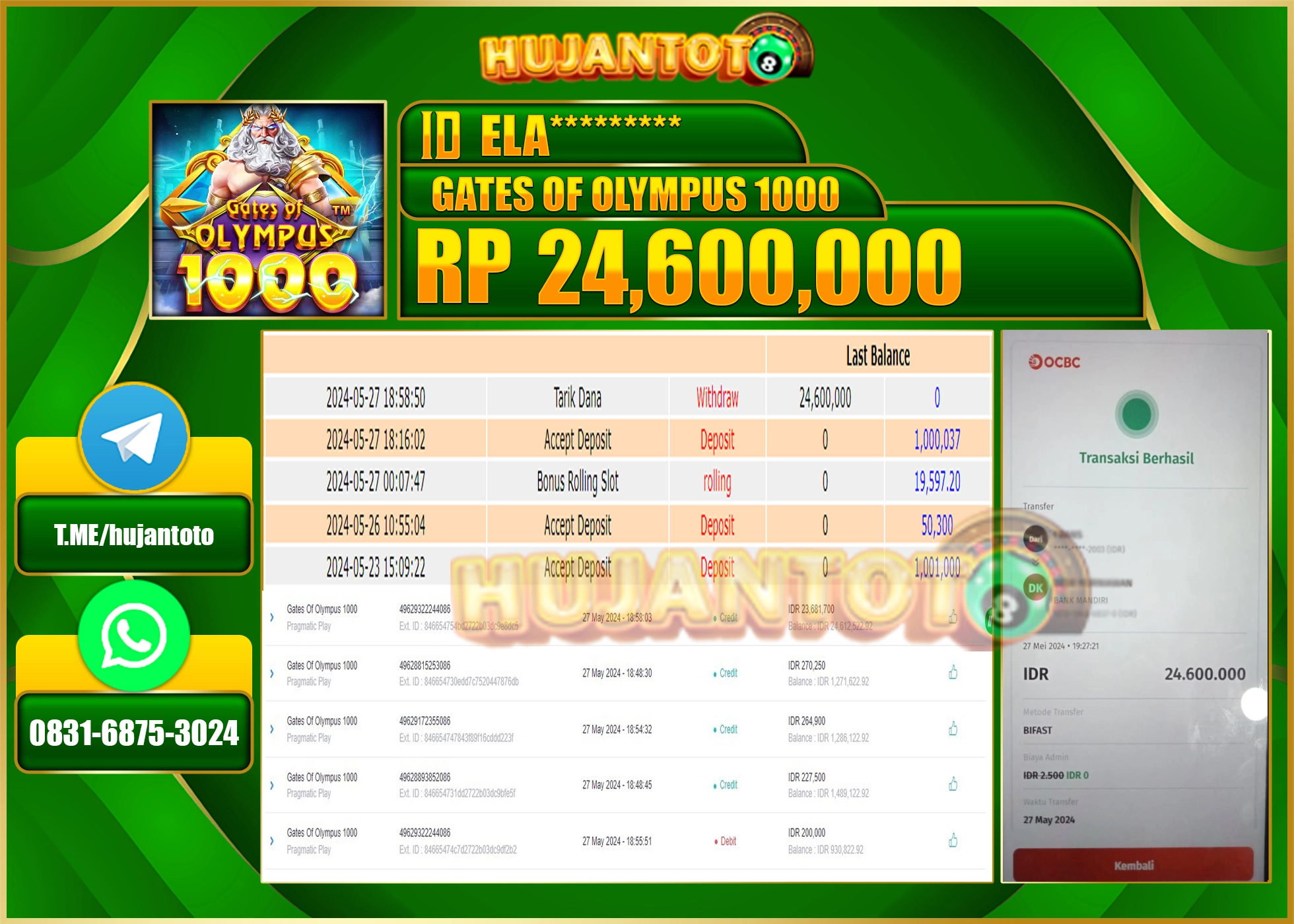 HUJANTOTO MENANG SLOT GATES OF OLYMPUS 24,600,000 - LUNAS 