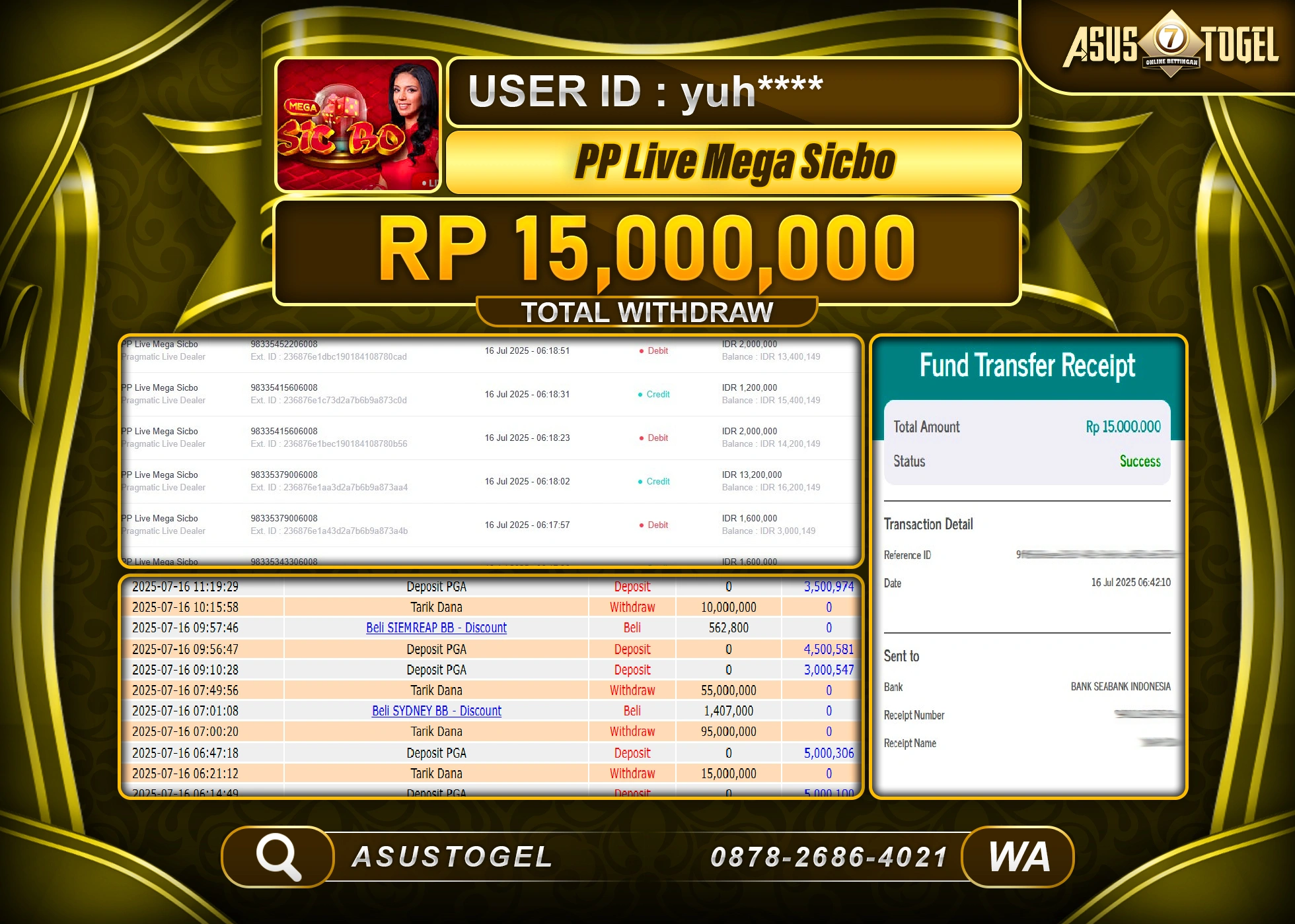 ASUSTOGEL KEMENANGAN DI PP LIVE MEGA SICBO SEBESAR 15,000,000- RUPIAH LUNAS