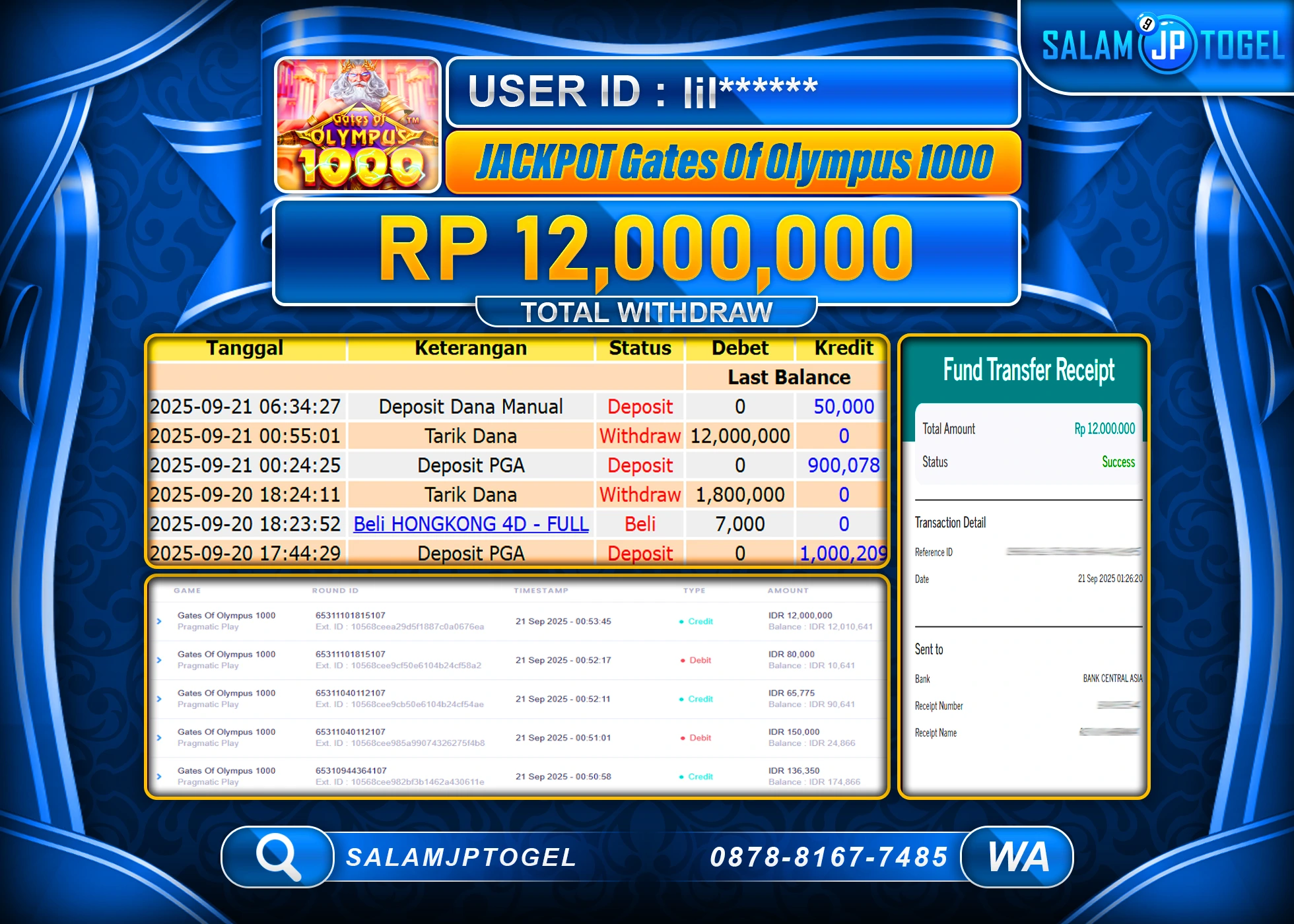 SALAMJPTOGEL MENANG GATES OF OLYMPUS 1000  Rp.12,000,000