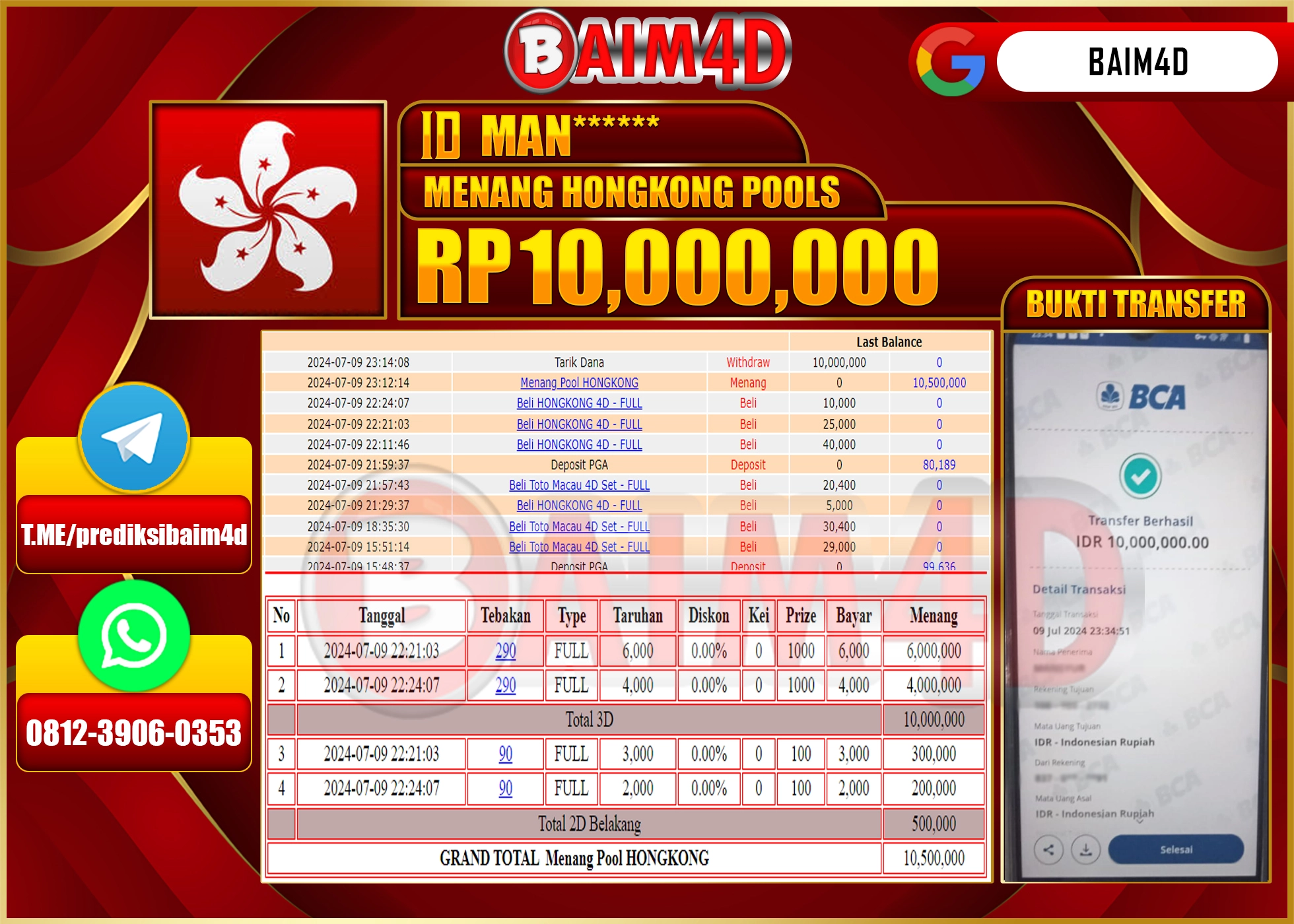 BAIM4D JACKPOT HONGKONG POOLS  Rp.10.000,000.- LUNAS