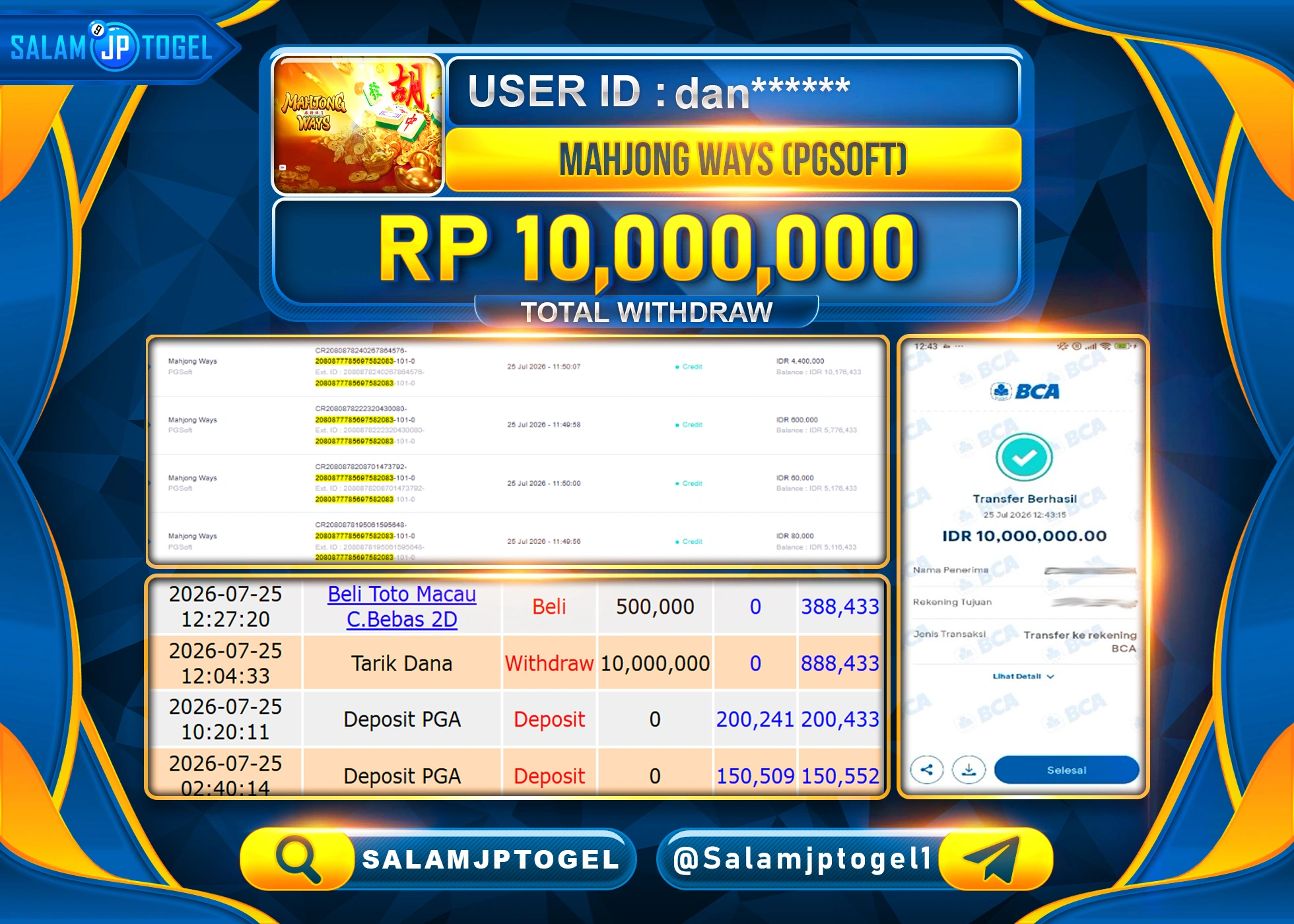 SALAMJPTOGEL JACKPOT MENANG SLOT MAHJONG WAYS PGSOFT Rp.10,000,000 - LUNAS