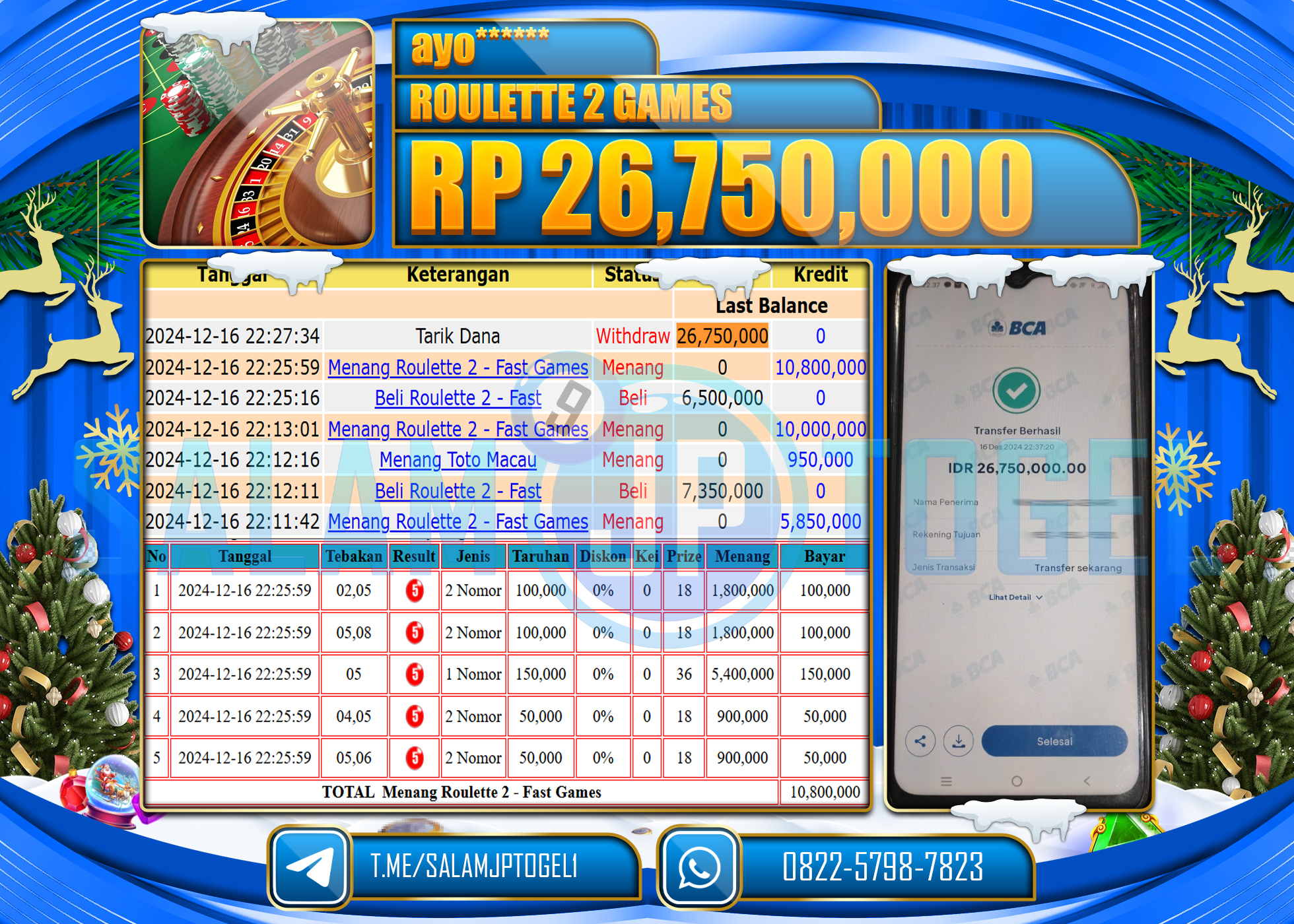 SALAMJPTOGEL MENANG LIVE CASINO ROULETTE 2 GAMES Rp.26,750,000 LUNAS