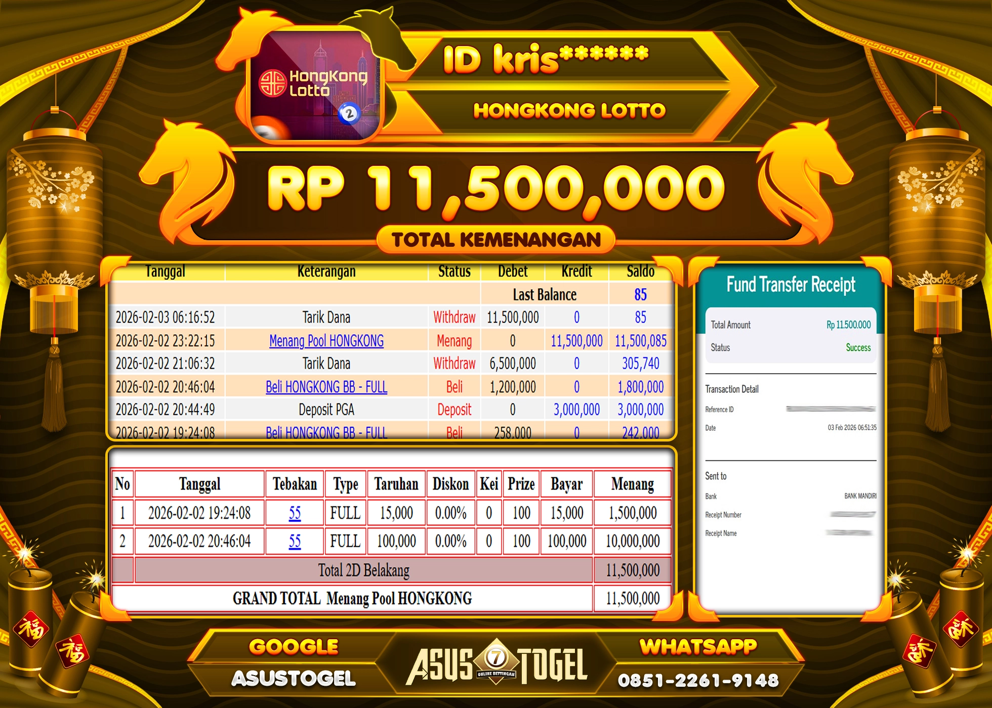 ASUSTOGEL KEMENANGAN DI TOGEL HONGKONG LOTTO SEBESAR 11,500,000 - RUPIAH LUNAS