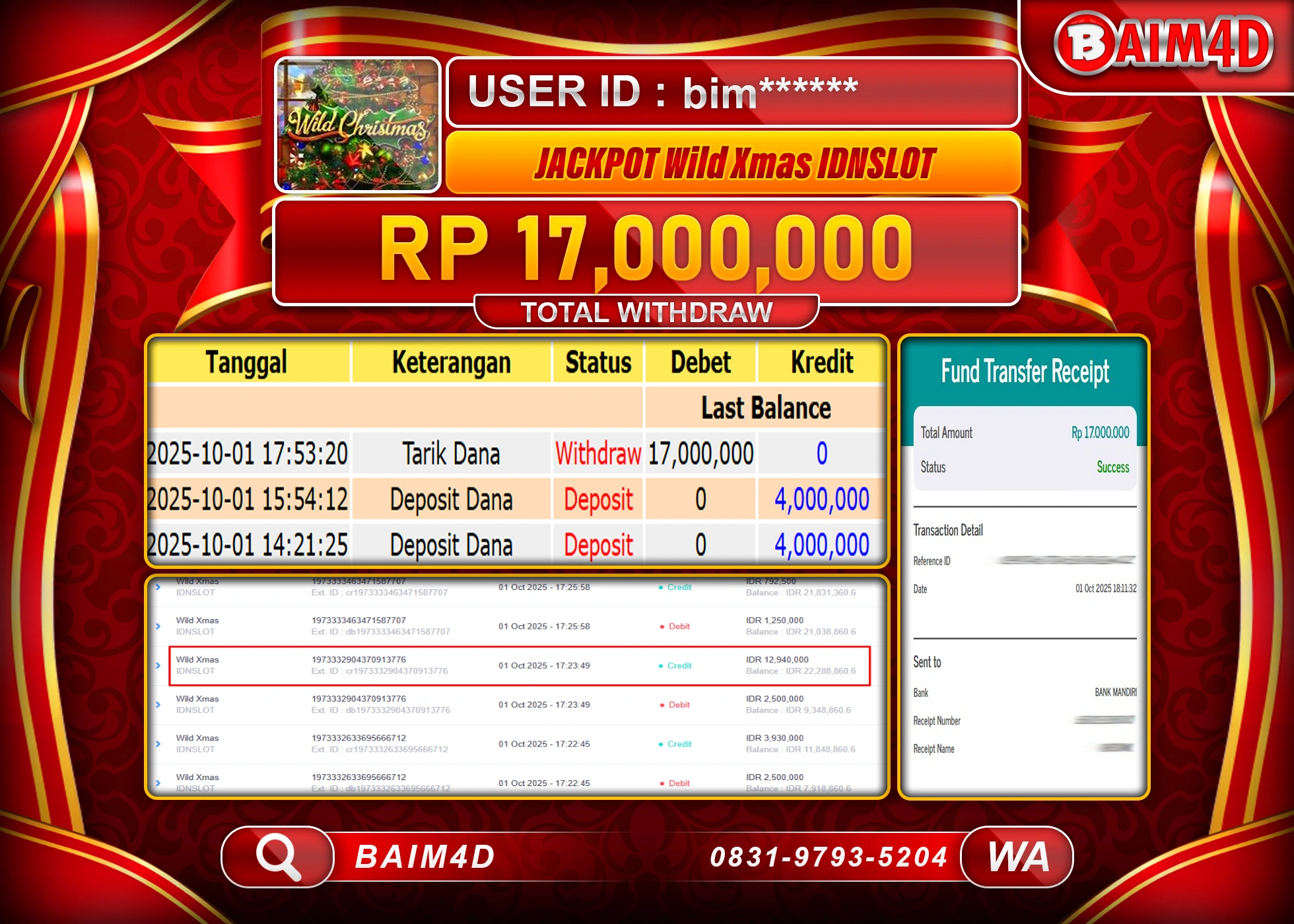 BAIM4D JACKPOT SLOT WILD XMAS IDN SLOT Rp.17,000,000.- LUNAS