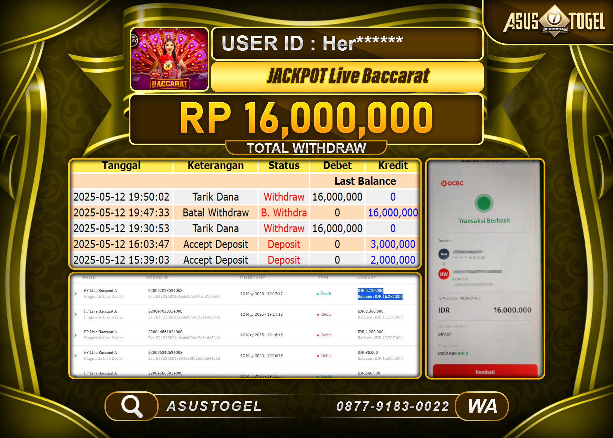 ASUSTOGEL KEMENANGAN DI LIVE BACCARAT GAMES SEBESAR 16,000,000- RUPIAH LUNAS
