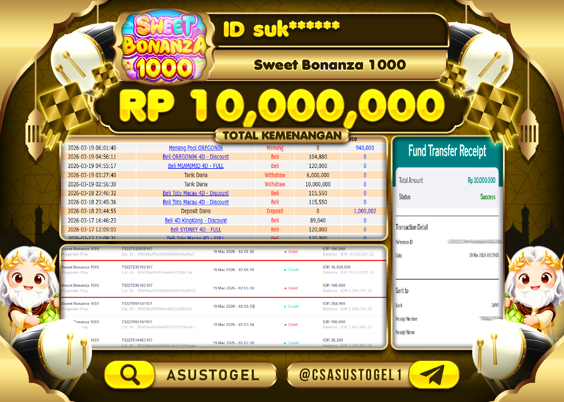 ASUSTOGEL KEMENANGAN DI SWEET BONANZA 1000 PRAGMATIC PLAY  Rp.10,000,000 - RUPIAH LUNAS