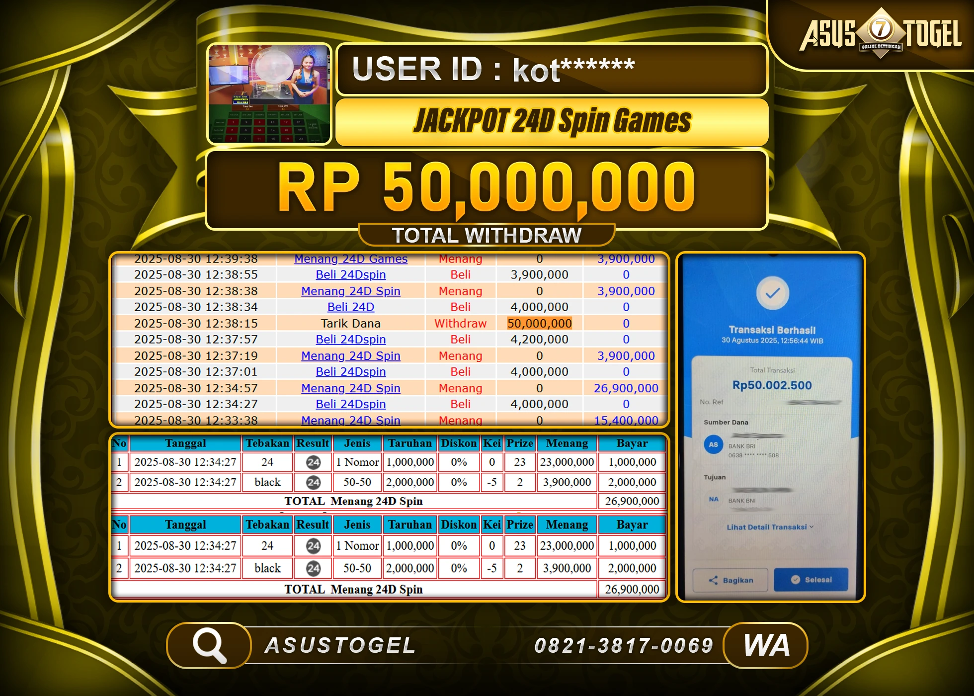 ASUSTOGEL KEMENANGAN DI LIVE GAMES 24D SPIN SEBESAR 50,000,000- RUPIAH LUNAS