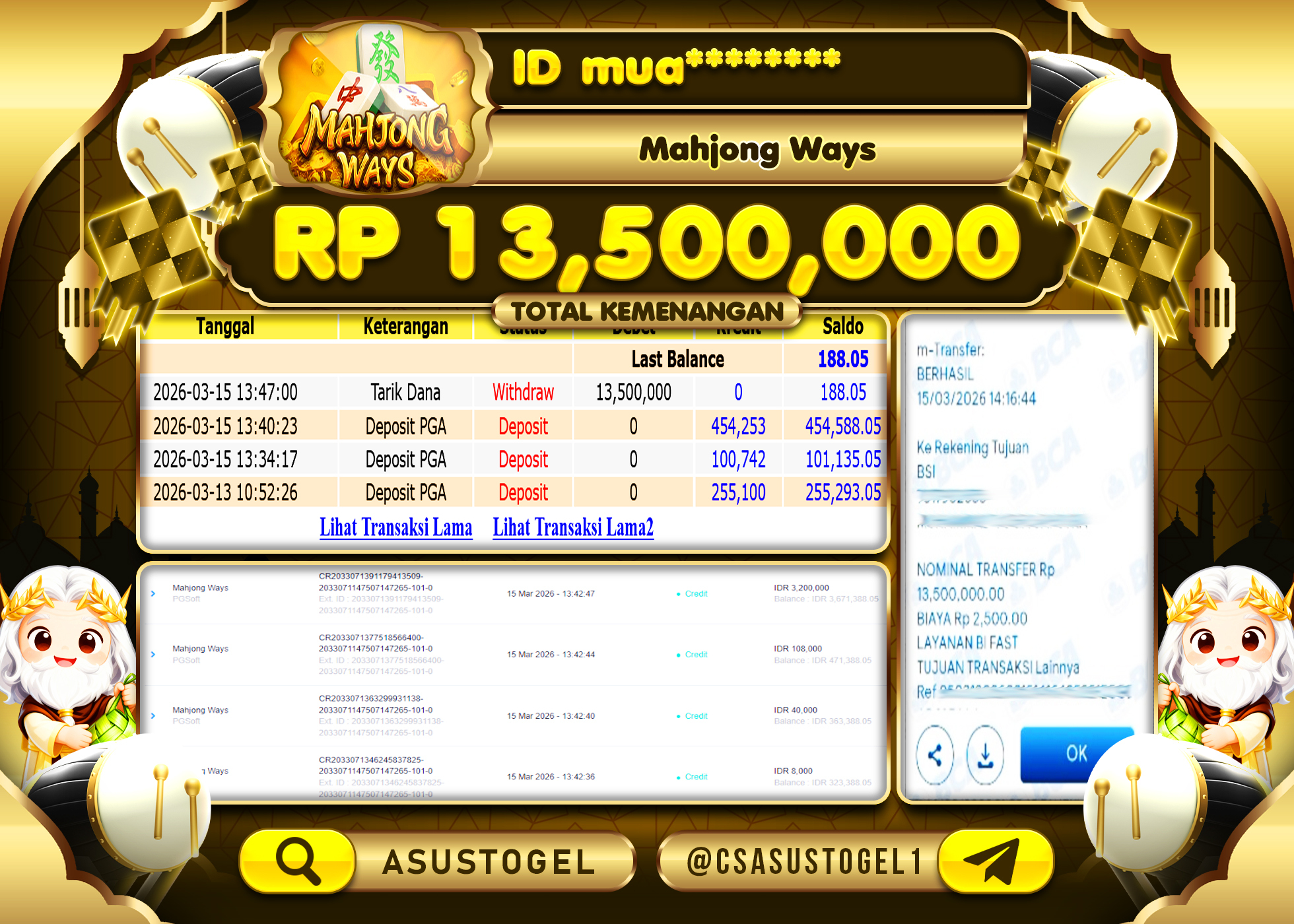 ASUSTOGEL KEMENANGAN DI SLOT MAHJONG WAYS PG SOFT 13,500,000 - RUPIAH LUNAS