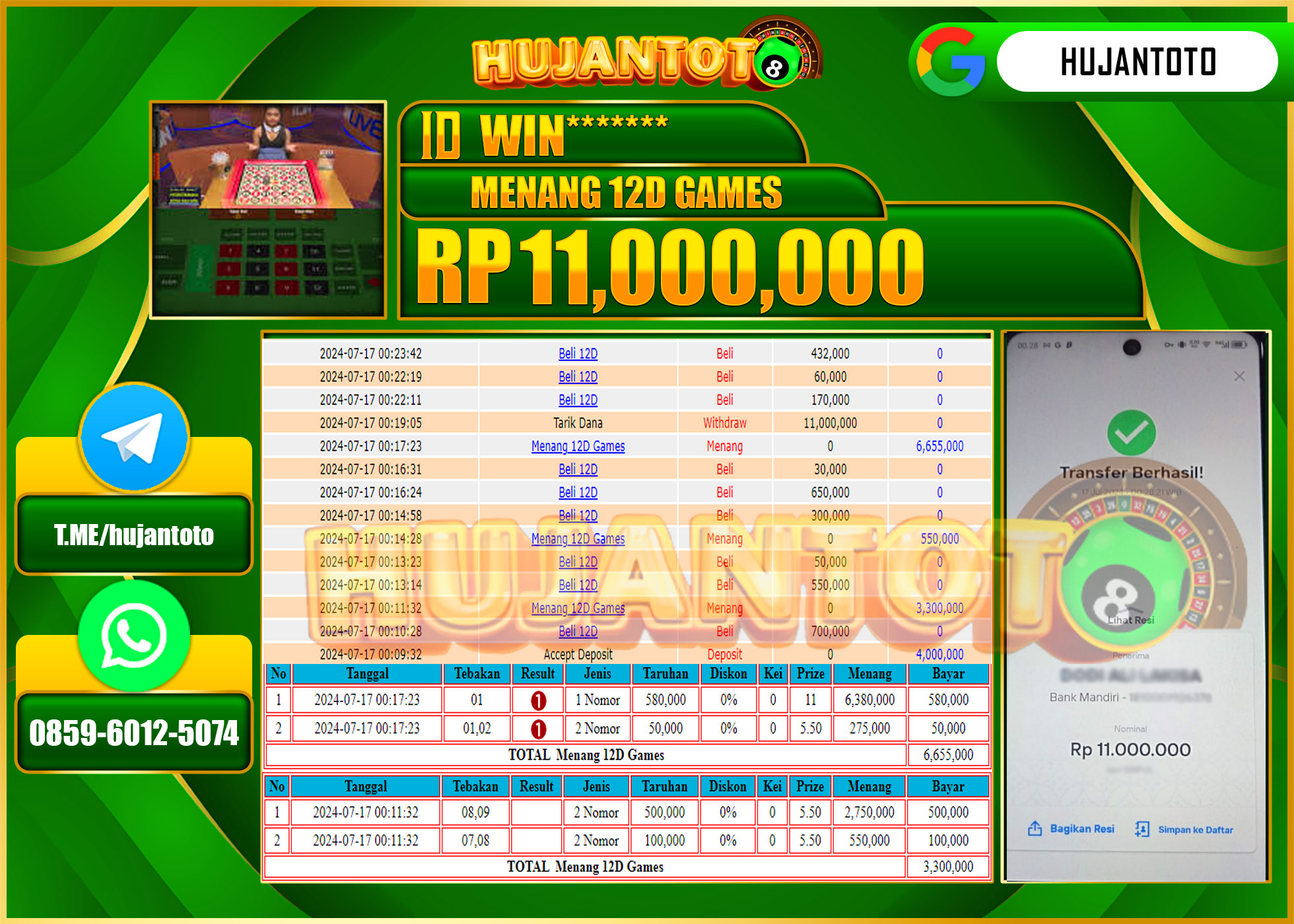 HUJANTOTO MENANG PERMAINAN LIVE CASINO 12D GAMES  11.000.000 - LUNAS 