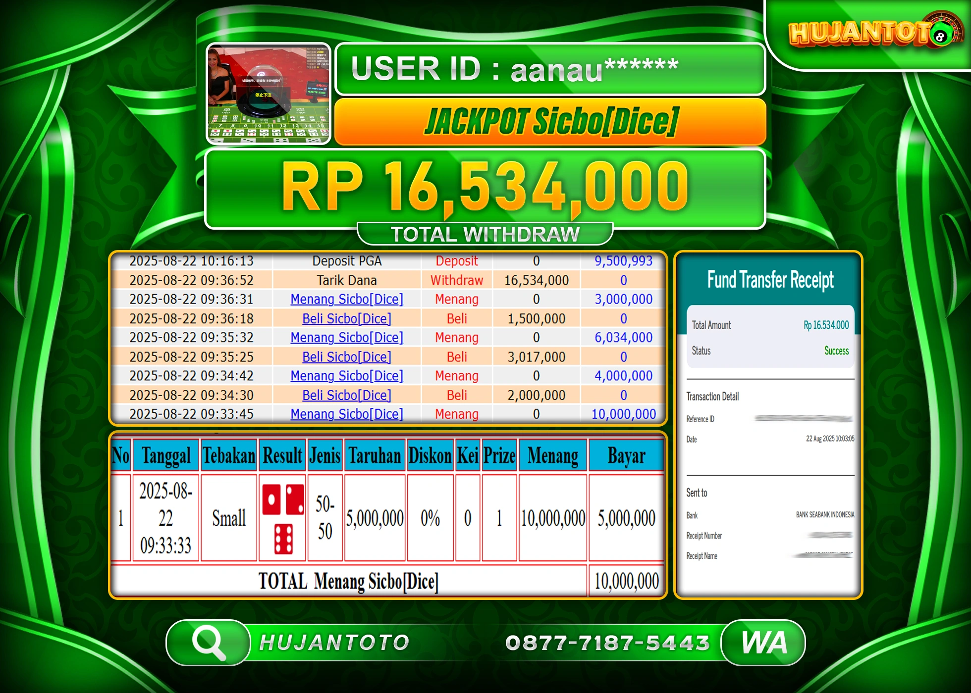 HUJANTOTO - BUKTI JACKPOT MENANG LIVEGAME SICBO DICE GAMES Rp.16,534,000 - TERBAYAR LUNAS