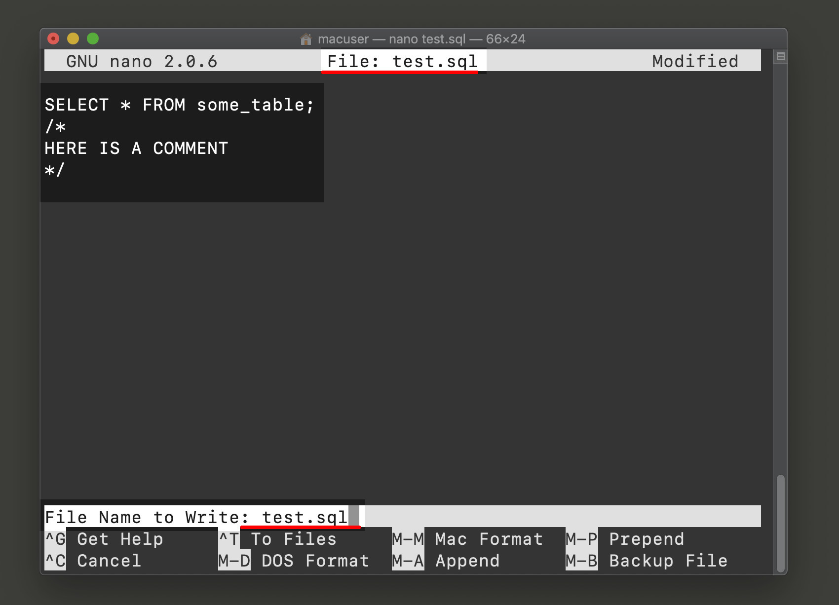 Screenshot of the nano editor in a UNIX terminal editing a SQL file