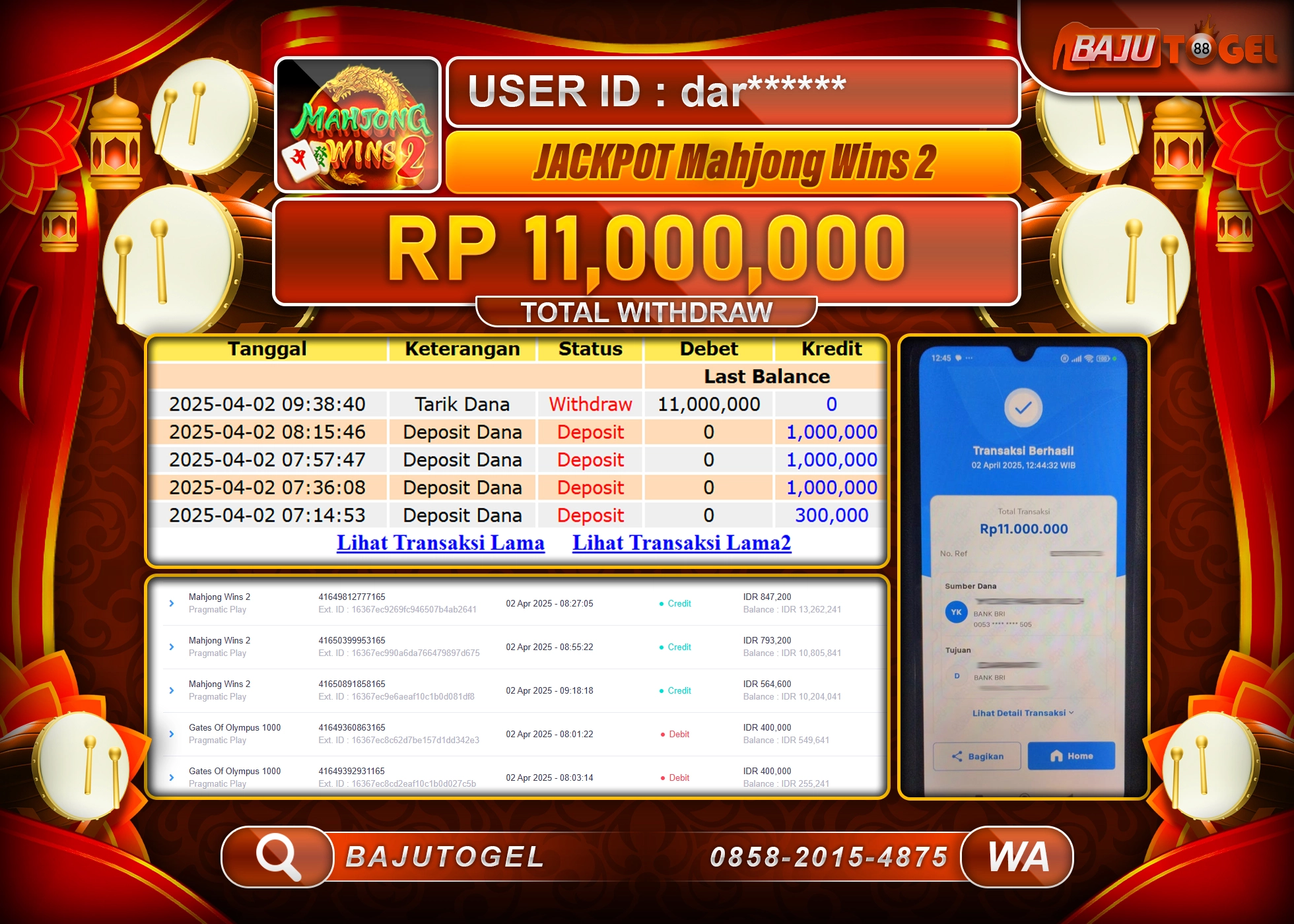 BAJUTOGEL KEMENANGAN MAHJONG WINS 2 Rp.11.000.000 LUNAS