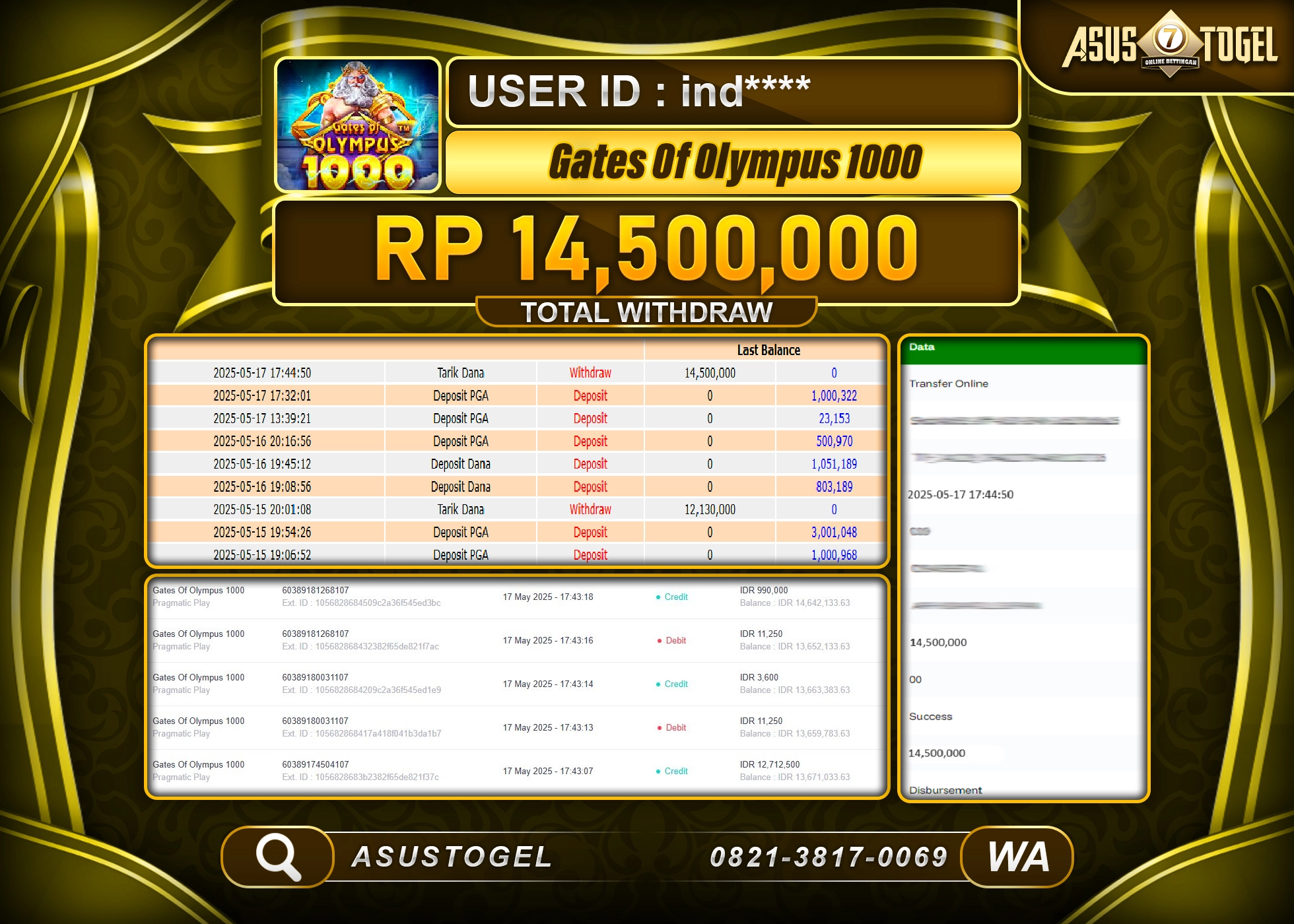  ASUSTOGEL KEMENANGAN DI SLOT GATES OF OLYMPUS 1000 SEBESAR 14,500,000- RUPIAH LUNAS