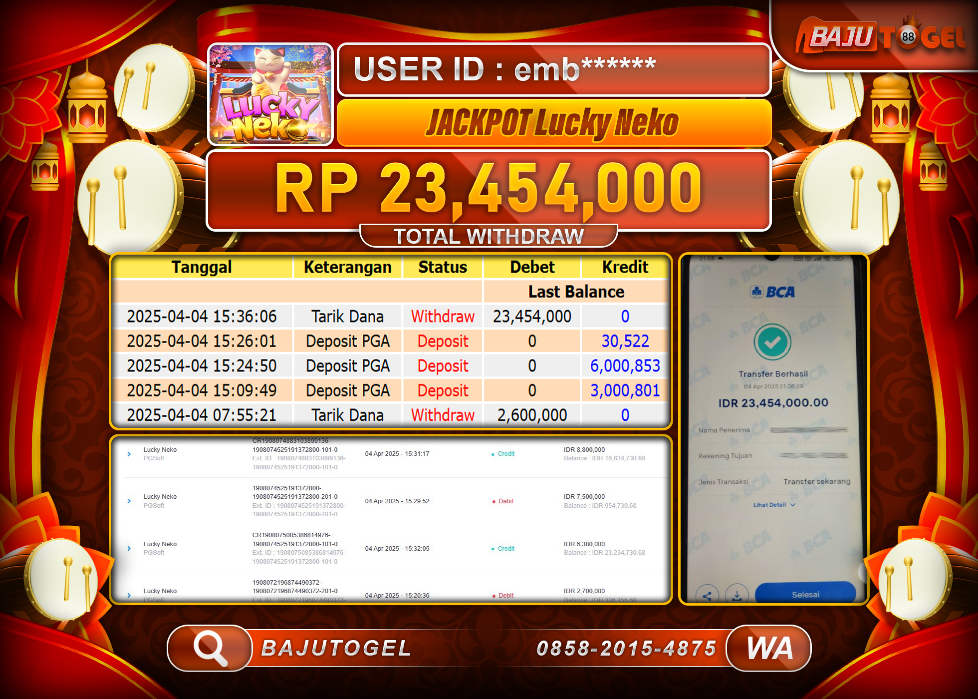 BAJUTOGEL KEMENANGAN SLOT LUCKY NEKO 1000 Rp.23.454.000 LUNAS