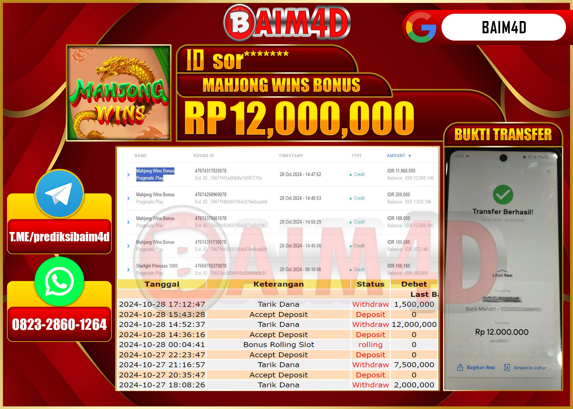 BAIM4D JACKPOT PRAGMATIC Mahjong Wins Bonus Rp.12.000,000.- LUNAS