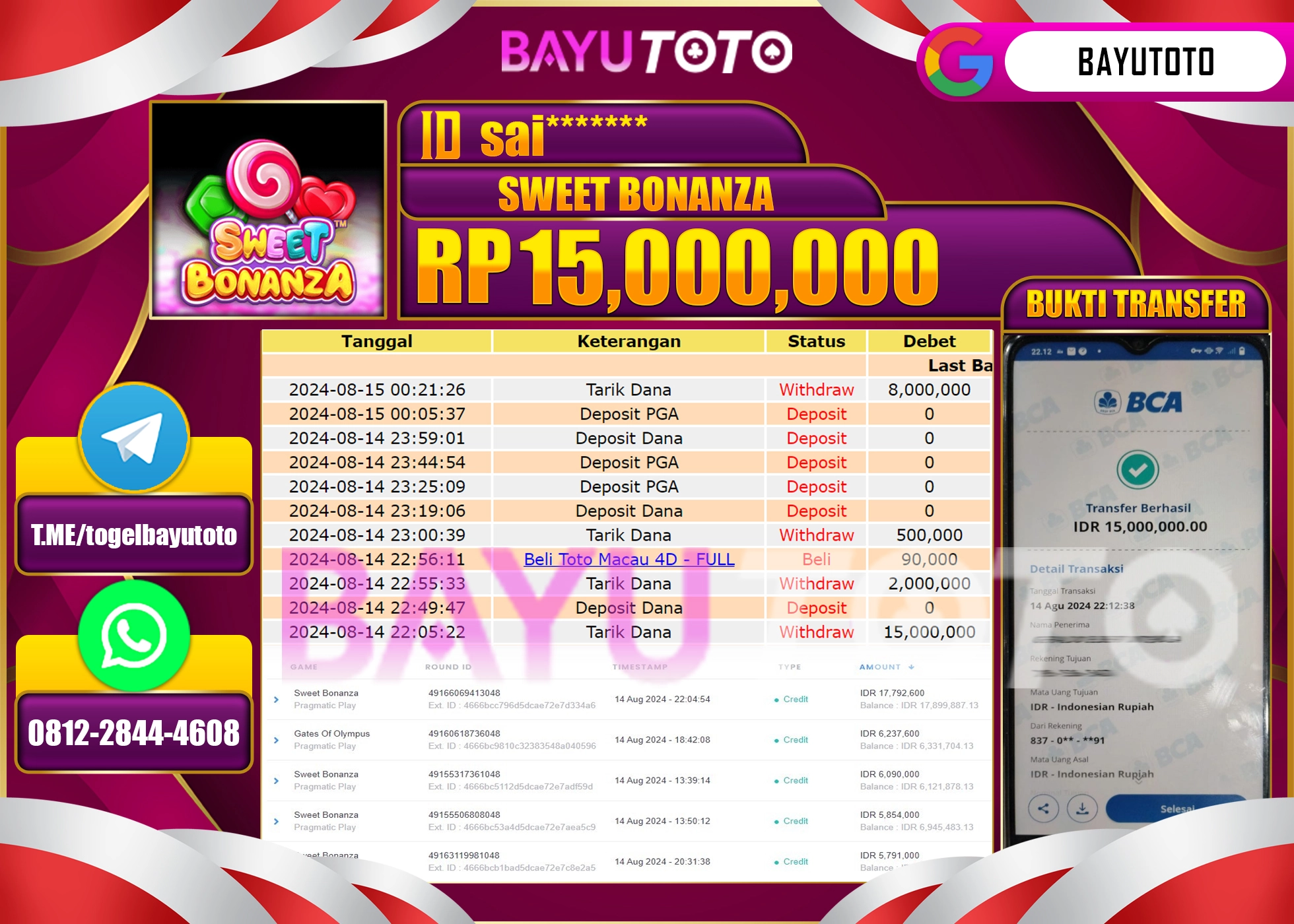 BAYUTOTO MENANG SLOT SWEET BONANZA 15.000.000 - LUNAS