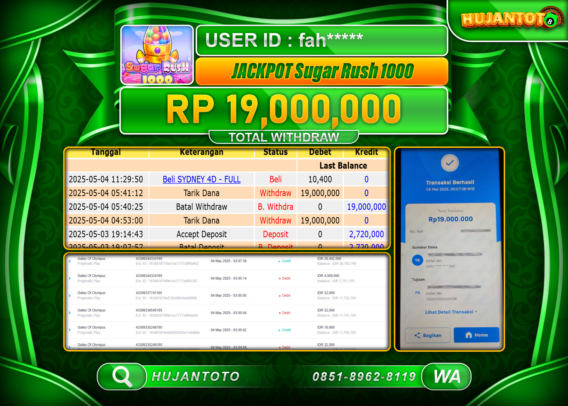 HUJANTOTO - BUKTI JACKPOT MENANG GAME SLOT SUGAR RUSH 1000 Rp,19,000,000- TERBAYAR LUNAS
