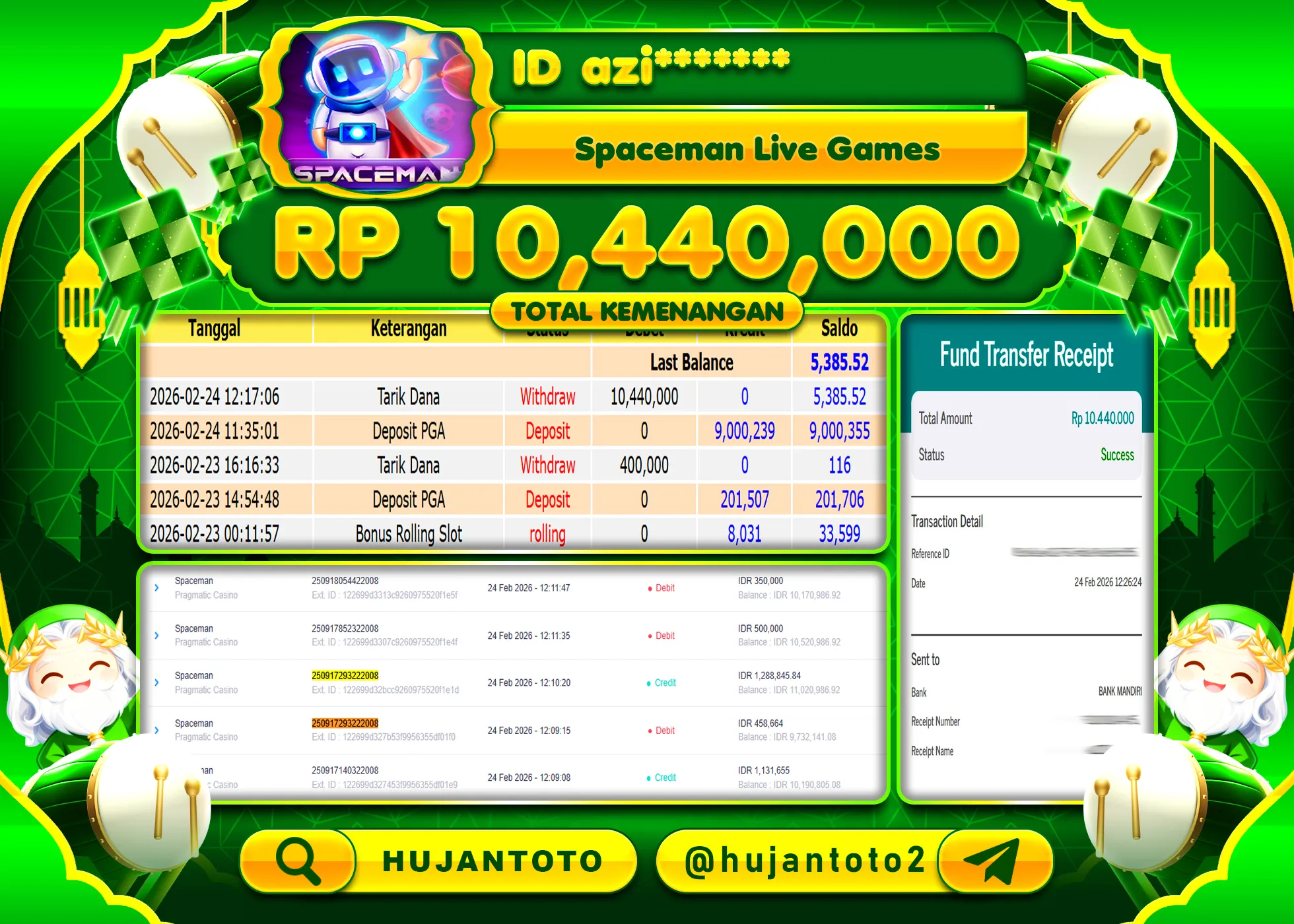HUJANTOTO - BUKTI JACKPOT MENANG LIVEGAMES SPACEMAN Rp.10,440,000 - TERBAYAR LUNAS