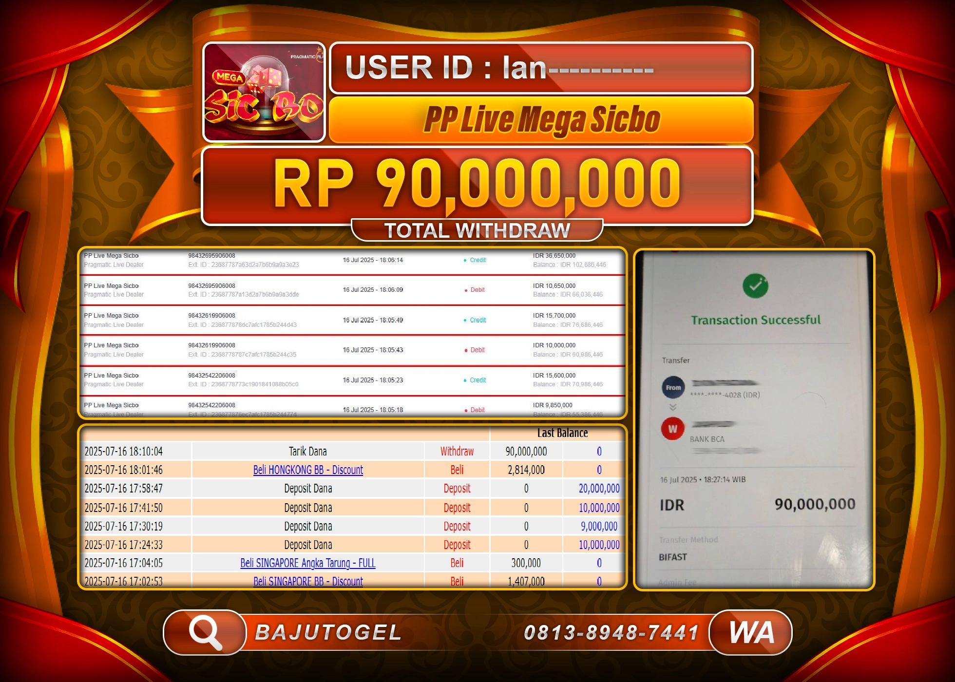  BAJUTOGEL MENANG DI PP LIVE MEGA SICBO Rp.90.000.000 LUNAS