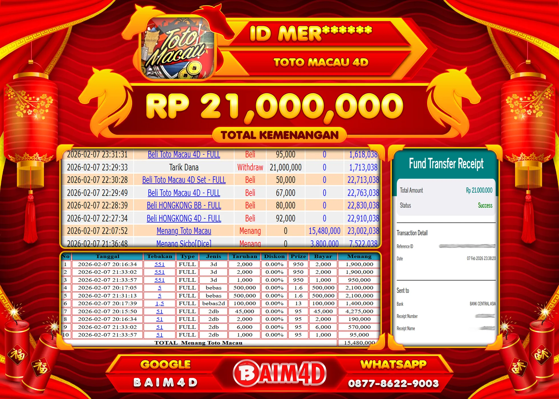 BAIM4D JACKPOT  TOGEL TOTO MACAU 4D Rp.21,000,000 - LUNAS