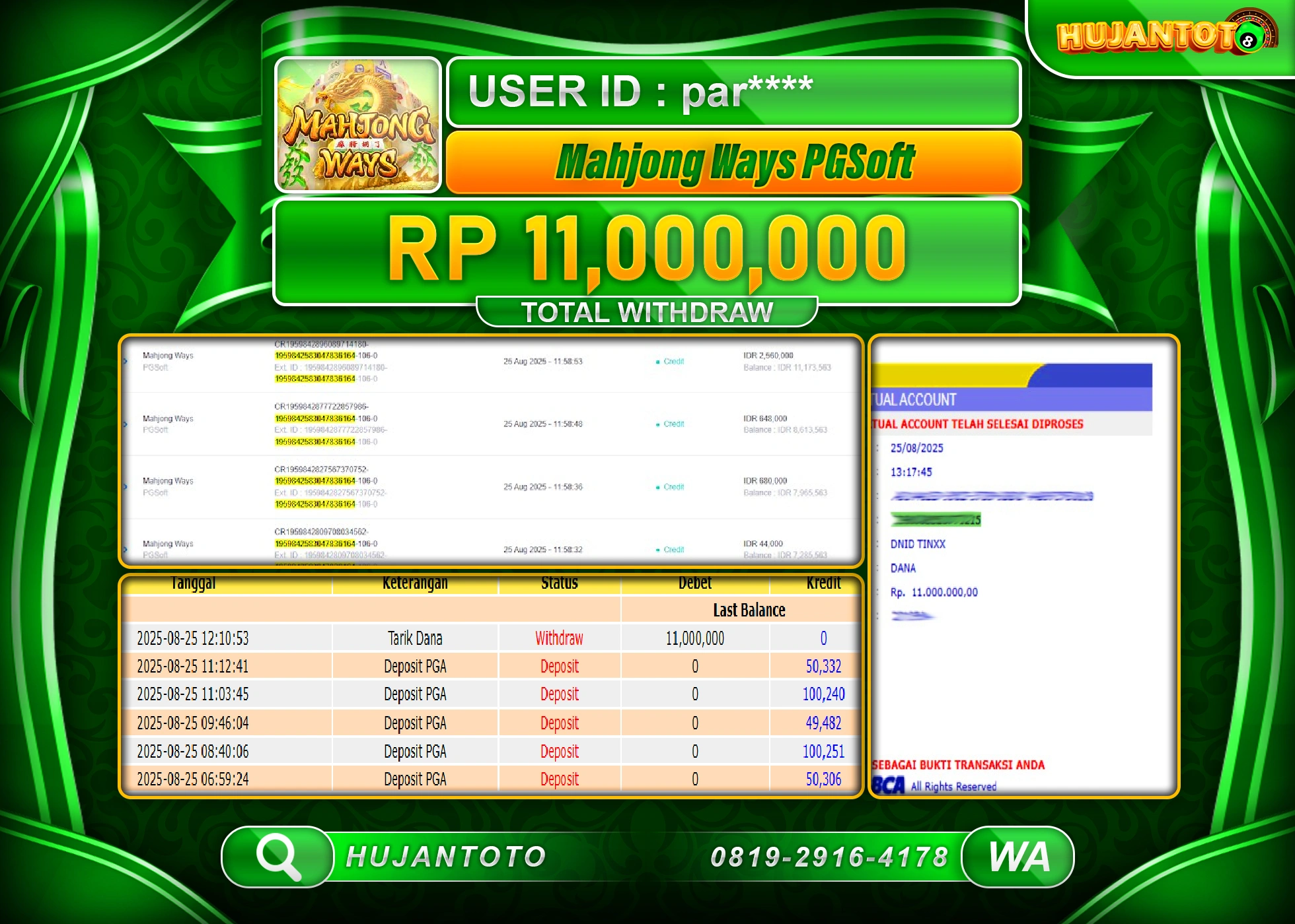 HUJANTOTO - BUKTI JACKPOT MENANG SLOT MAHJONG WAYS Rp.11,000,000 - TERBAYAR LUNAS