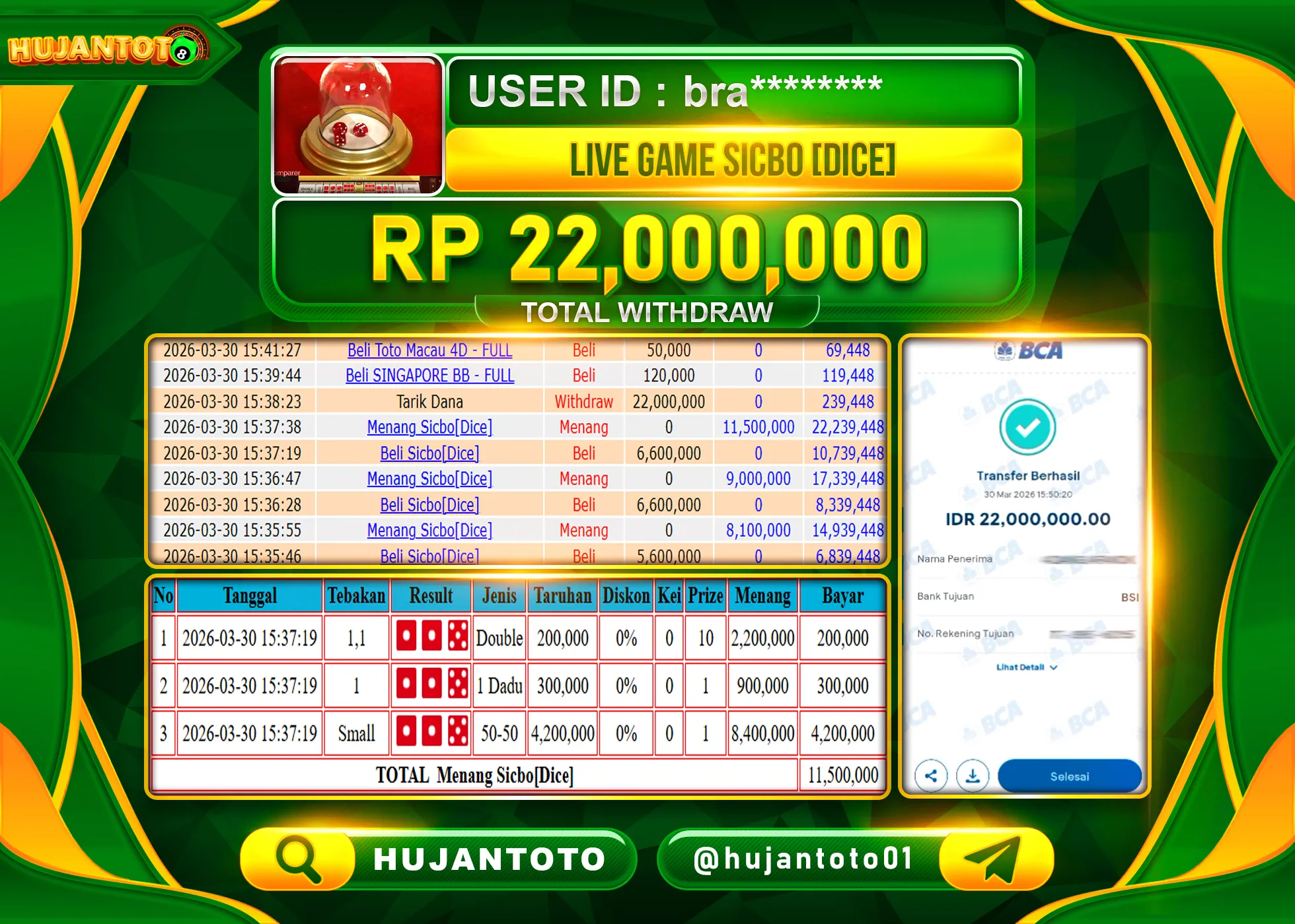 HUJANTOTO - BUKTI JACKPOT MENANG LIVEGAMES SICBO DICE Rp.22,000,000 - TERBAYAR LUNAS