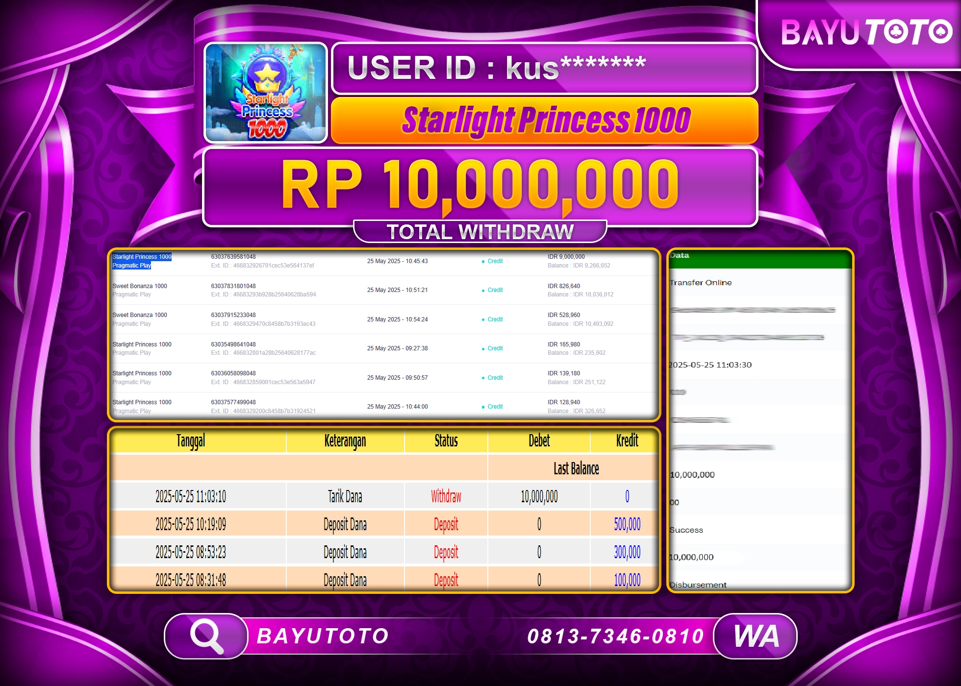 BAYUTOTO JACKPOT DI SLOT STARLIGHT PRINCES 1000 Rp.10,000,000LUNAS