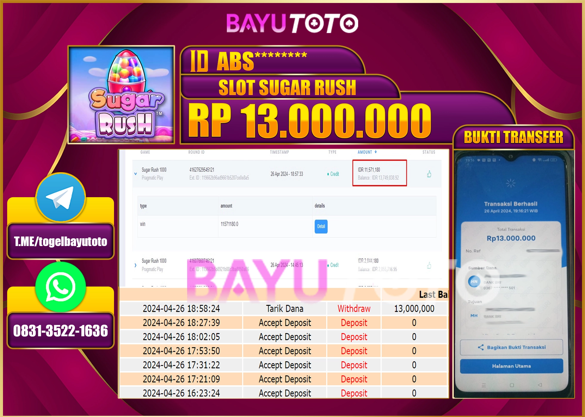 BAYUTOTO JACKPOT SLOT SUGAR RUSH Rp.13.000.000 LUNAS