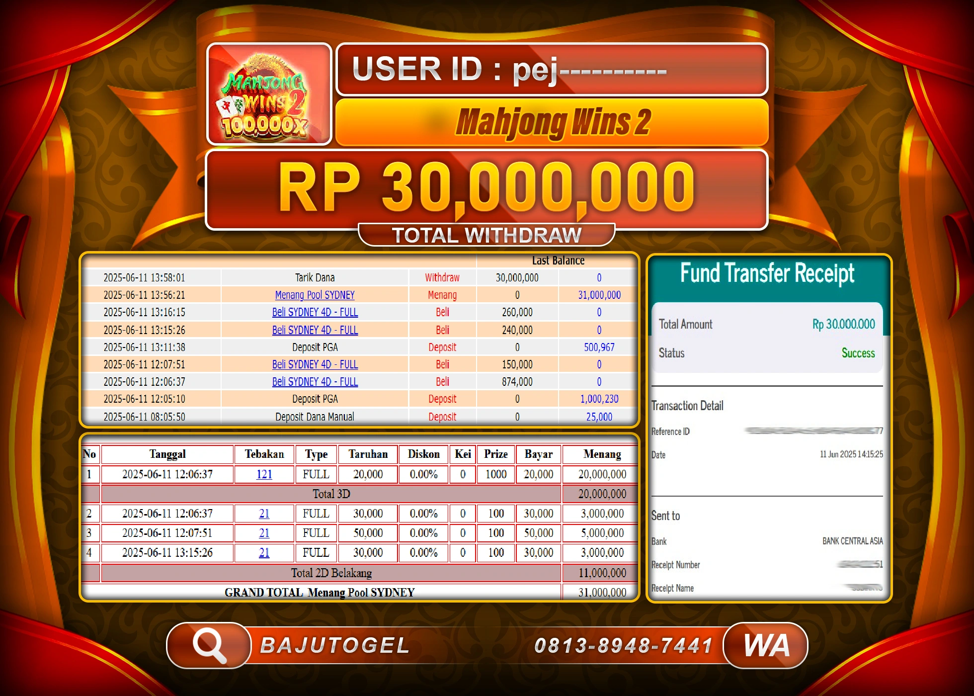 BAJUTOGEL KEMENANGAN GAME MAHJONG WINS 2 Rp.30.000.000 LUNAS
