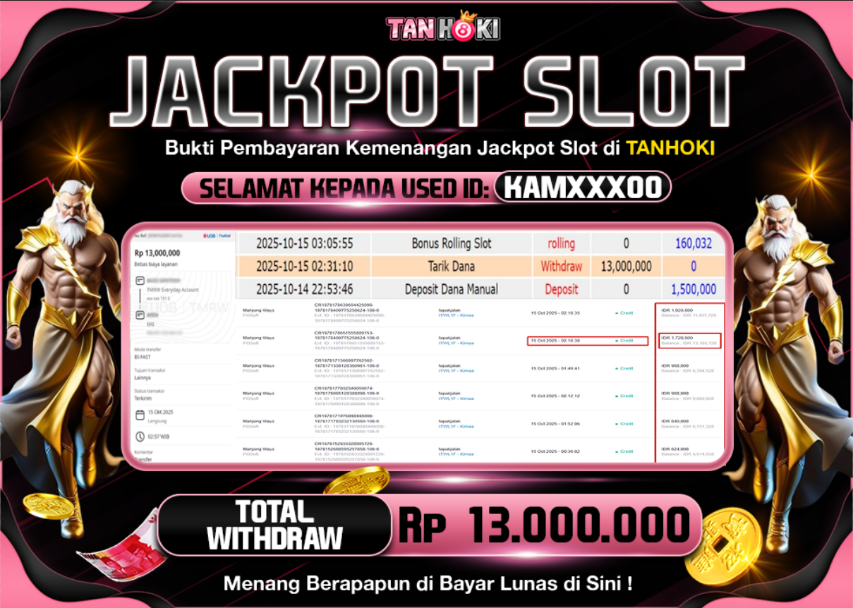TANHOKI JACKPOT SLOT MAHJONG WAYS Rp.13.000.000,- LUNAS